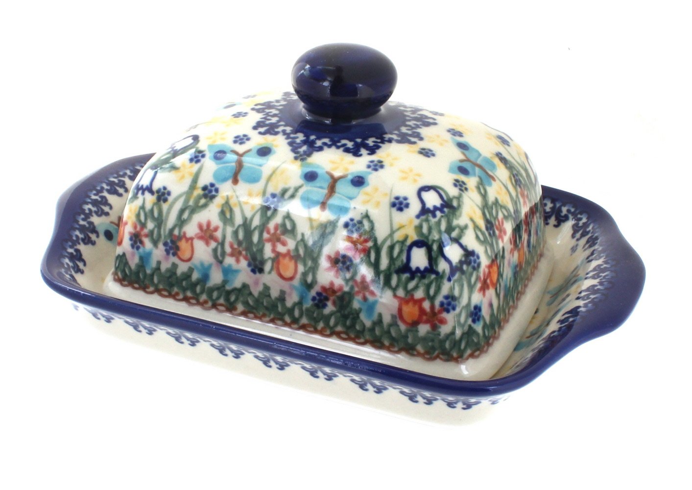 Blue Rose Polish Pottery Garden of Eden Square Butter Dish - Handmade Ceramic Butter Keeper with Lid - Elegant Dining Table Decor for Home, Kitchen & Gift Giving