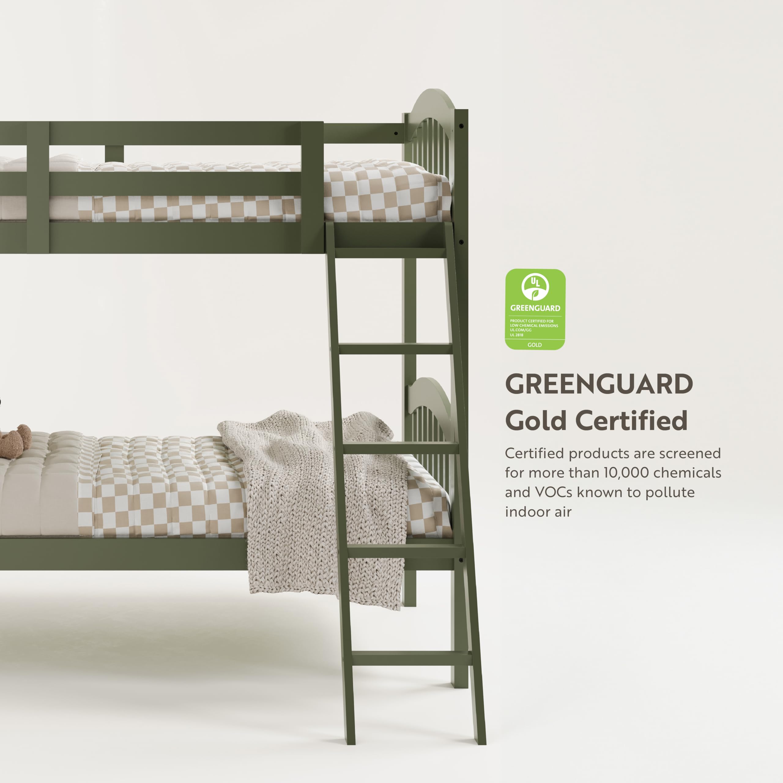 Storkcraft Long Horn Twin-Over-Twin Bunk Bed in Olive - GREENGUARD Gold Certified, Converts to 2 Separate Twin Beds, Sturdy Wood Slats, Space-Saving Kids Bunk Bed for Siblings or Sleepovers - Perfect for Small Bedrooms, Guest Rooms, and Kids' Shared Spaces