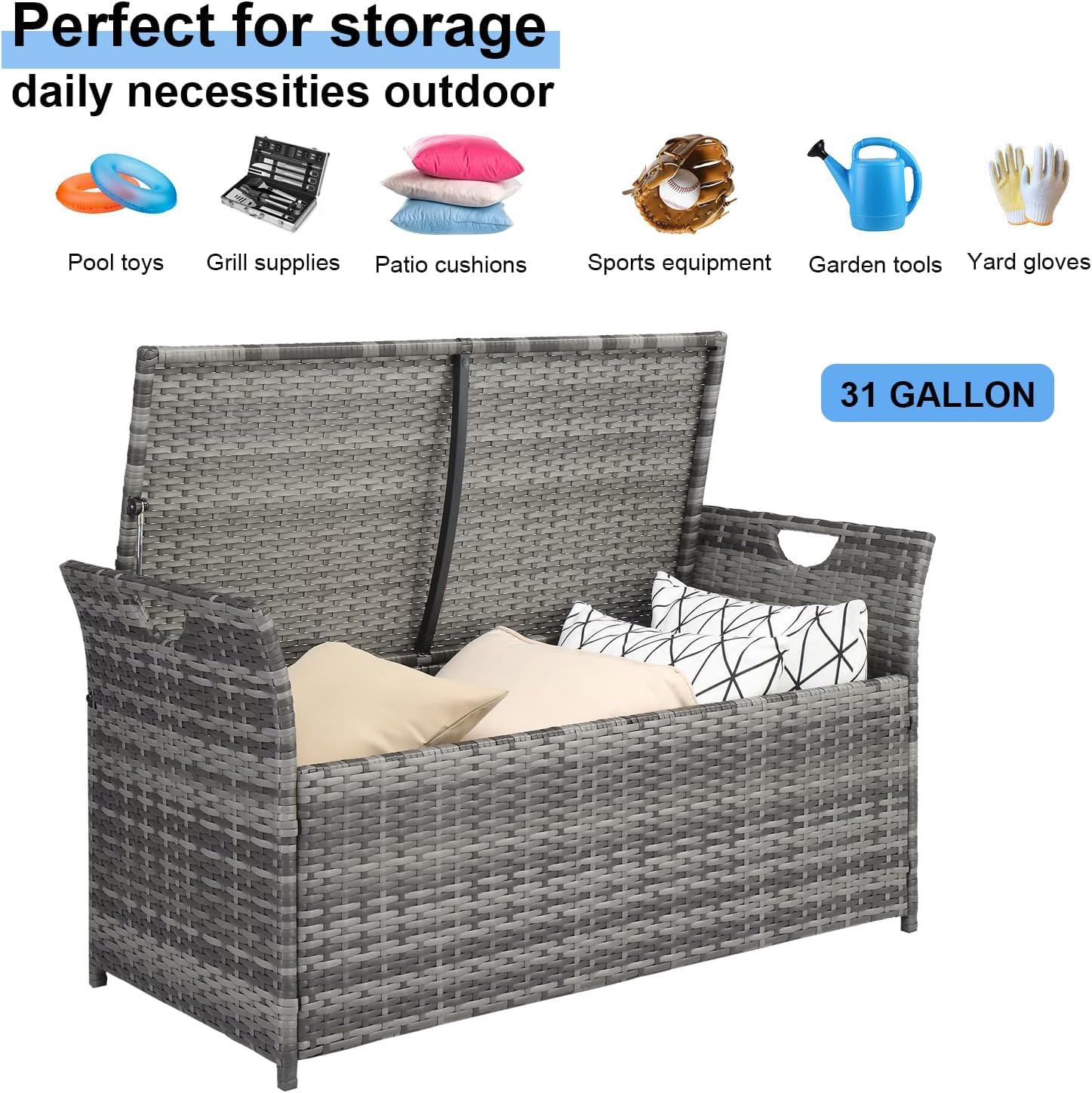 Pvillez PE Rattan Outdoor Storage Bench with Comfy Beige Seat Cushion - 33 Gallon Grey Wicker Deck Storage Box for Patio, Porch, Garden, Balcony - Perfect for Storing Yard Tools, Pool Toys & Outdoor Cushions | Weather-Resistant & Space-Saving Solution