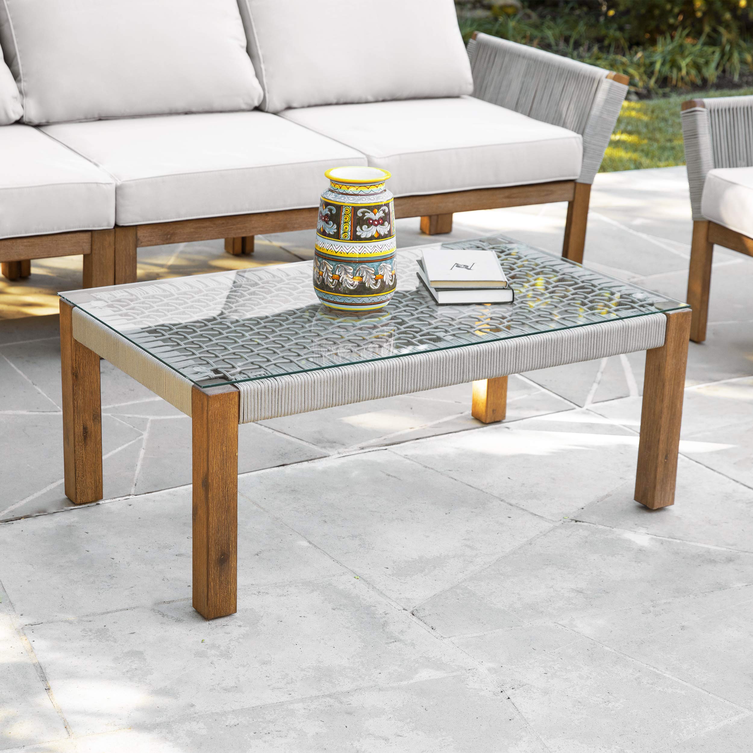 SEI Furniture Brendina Outdoor Glass-Top Cocktail Table - Natural Rattan Coffee Table for Patio, Poolside & Garden Decor - Weather-Resistant Side Table for Outdoor Living Spaces