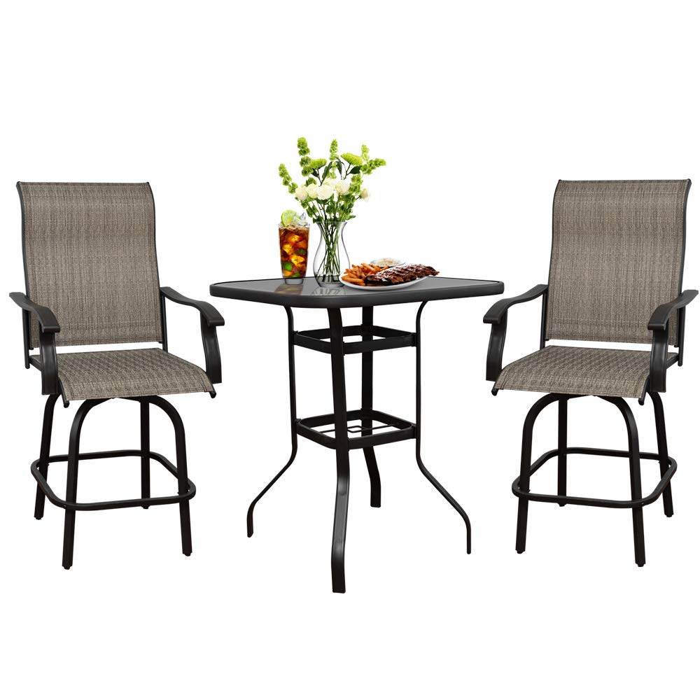 360° Swivel Patio Bar Set - Outdoor Height Bistro Chairs & Table (3pc) - All-Weather Steel Frame Furniture for Backyard, Garden, Deck & Poolside Relaxation
