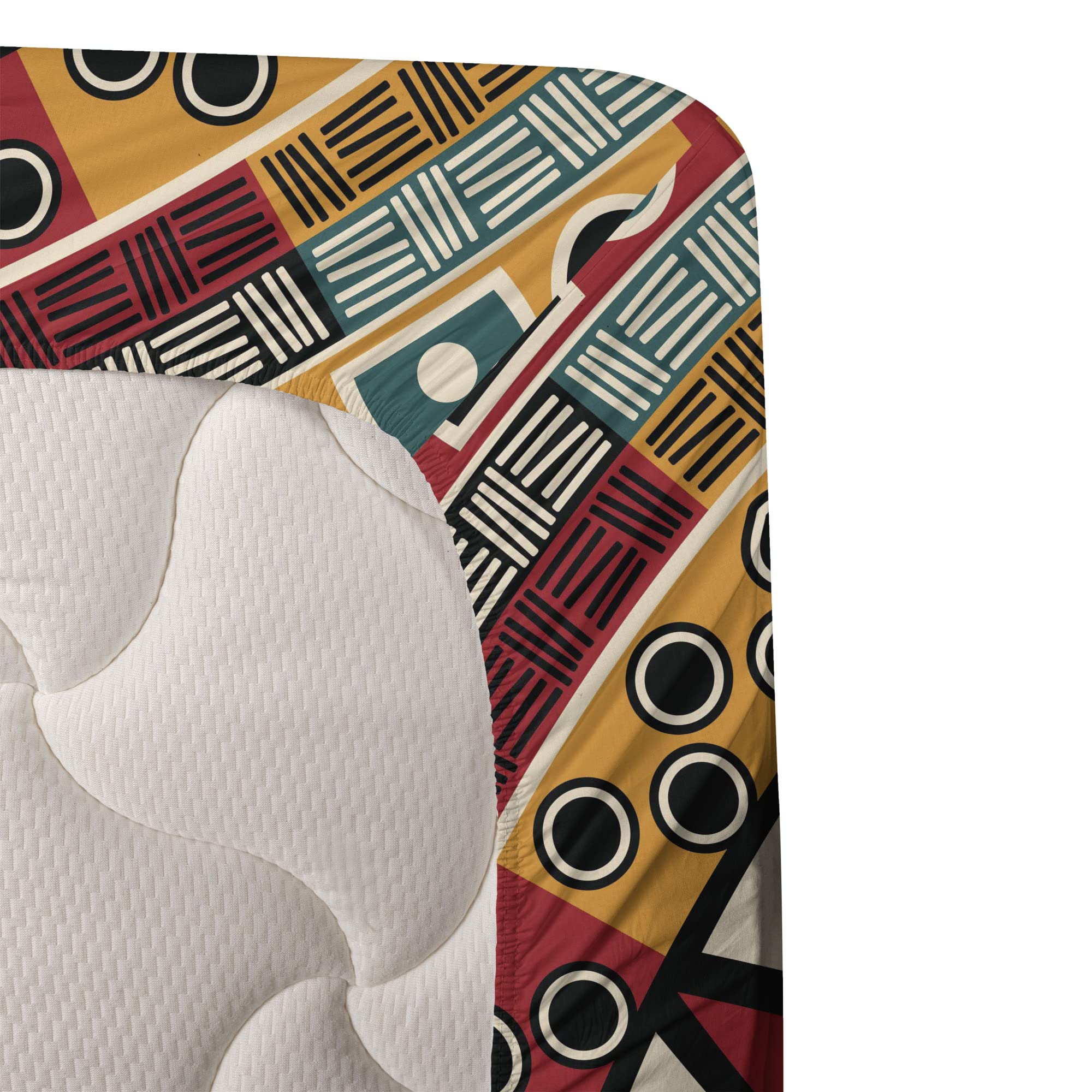 Ambesonne Tribal 4-Piece King Sheet Set - Folkloric Aztec Art Design with Round Patterns in Jade, Ruby & Mustard | Fitted Sheet, Flat Sheet & Pillowcases | Perfect for Bohemian & Eclectic Bedroom Decor
