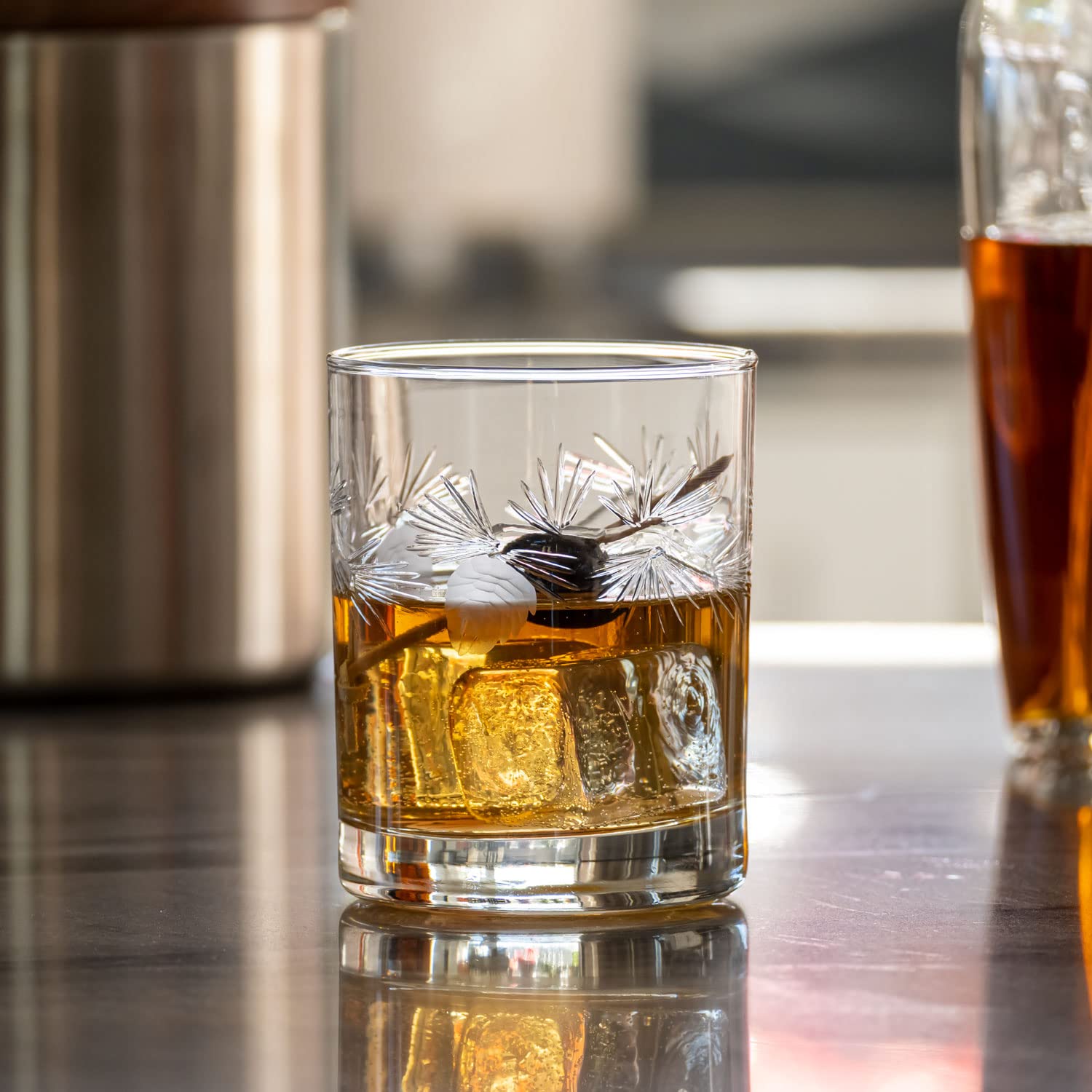 Premium Rolf Glass Icy Pine Double Old Fashioned Whiskey Glasses Set of 4 - 13oz Lead-Free Etched Tumbler Glasses - Handcrafted in USA - Perfect for Bourbon, Scotch & Cocktails at Home Bars & Gifts