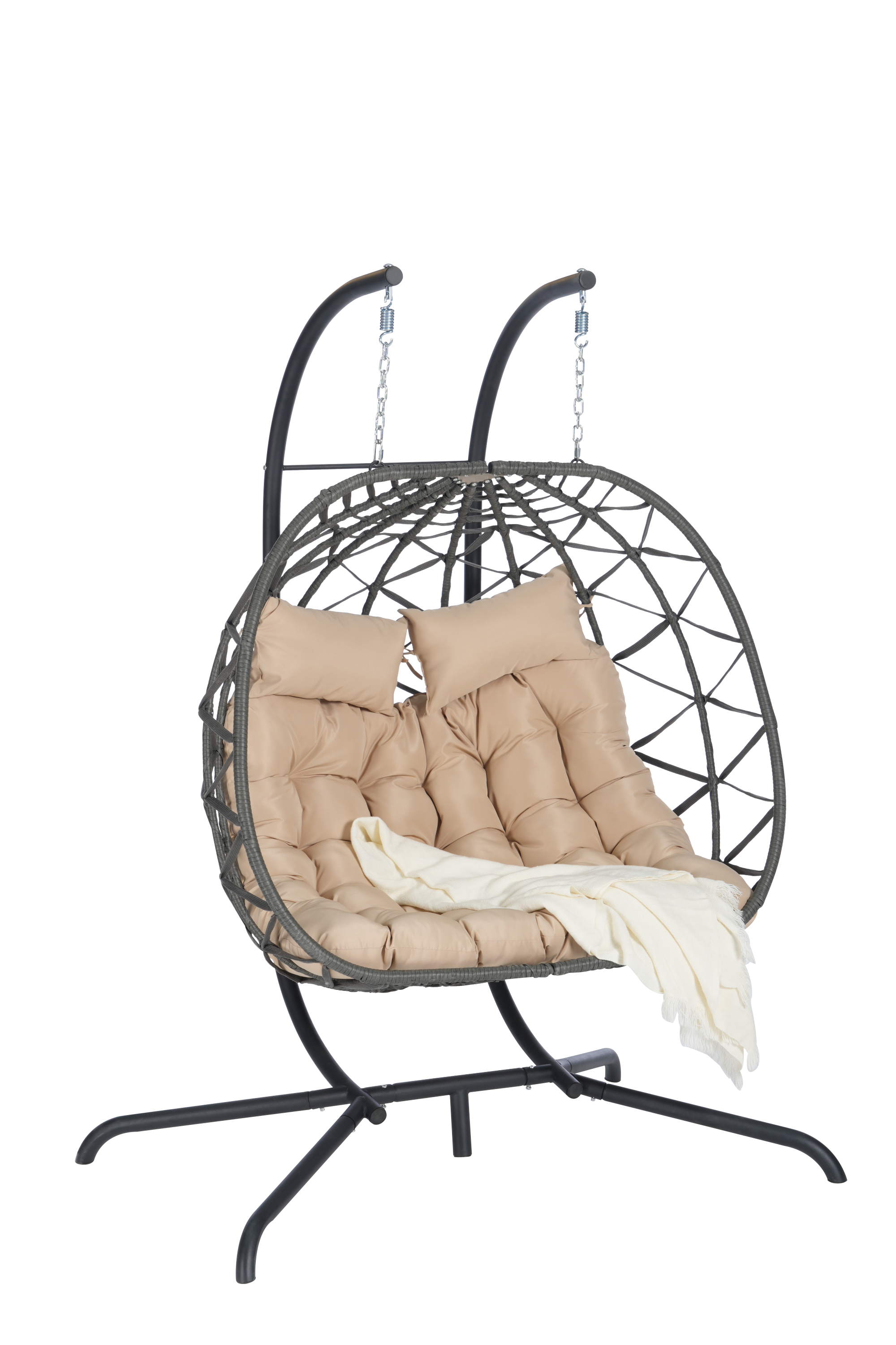 Double Egg Chair with Stand - Hanging Indoor/Outdoor Wicker Rattan Swing Chair with UV-Resistant Cushions (600 lb Capacity) - Perfect for Bedroom, Balcony, Patio & Garden Relaxation