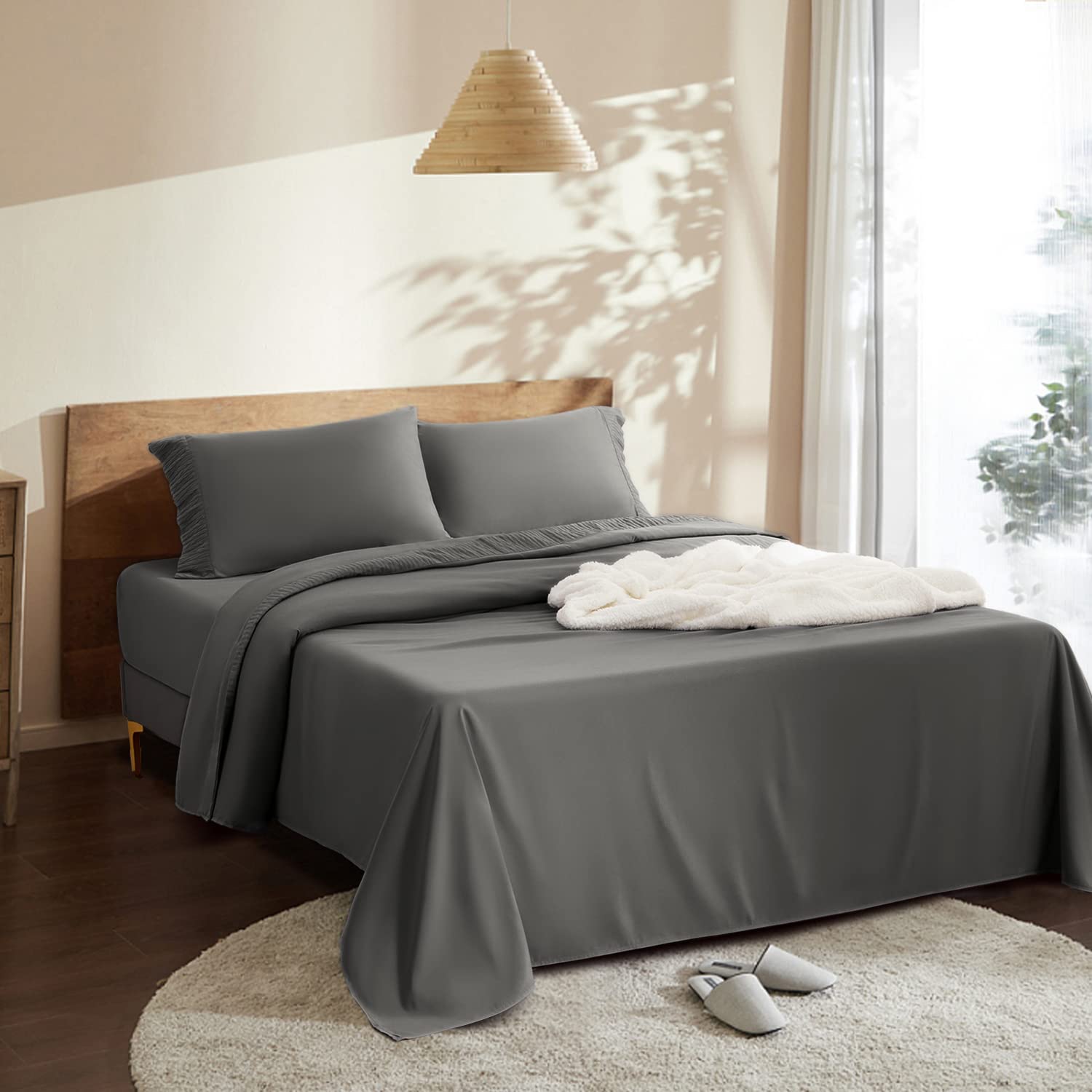 SONORO KATE 1800 Thread Count Cooling Microfiber Bed Sheet Set - 4 Piece California King Size Soft Bedding with Pillowcases (Dark Grey) for Luxury Hotel-Style Comfort at Home