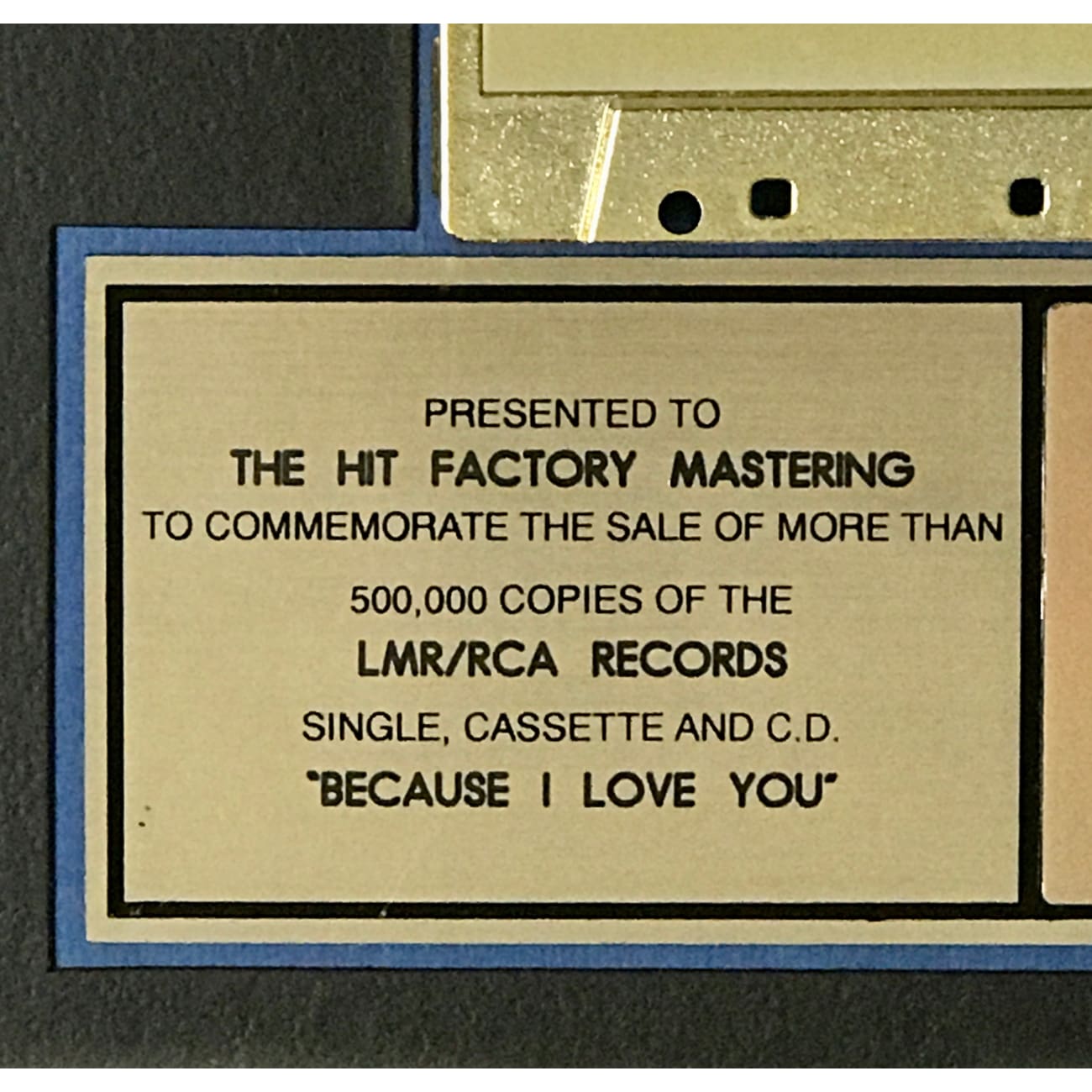 Stevie B. 'Because I Love You' RIAA Gold Single Award - Perfect for Music Collectors & 90s Nostalgia Fans