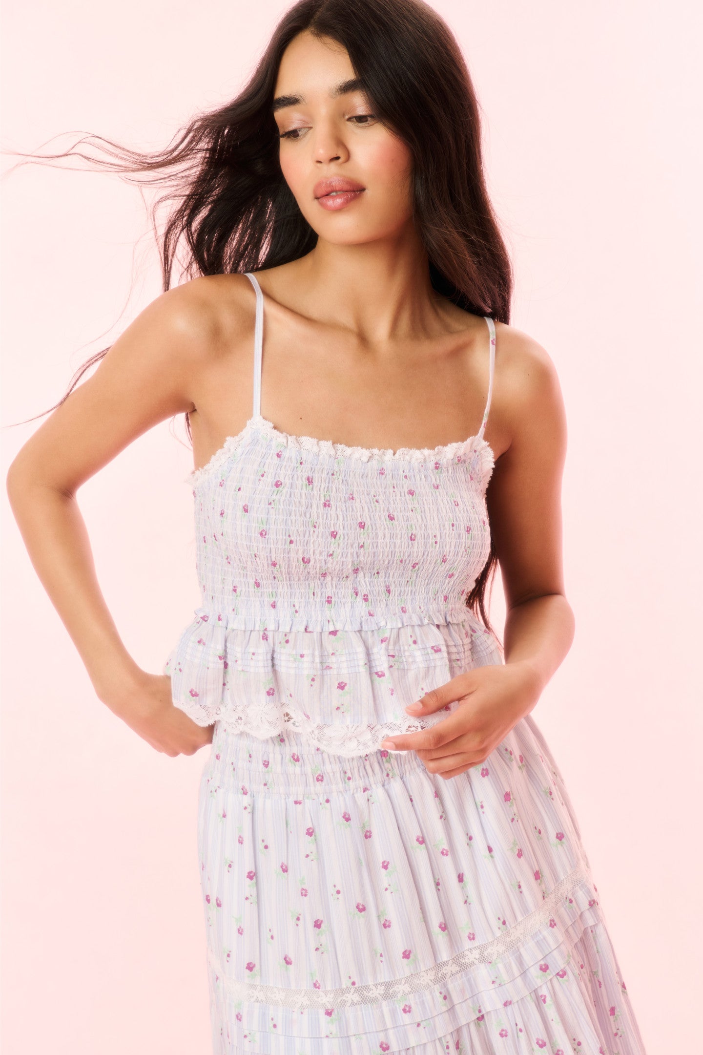 Marzenia Women's Smocked Striped Floral Blouse - Elegant Summer Tops for Casual Outings, Beach Vacations & Date Nights