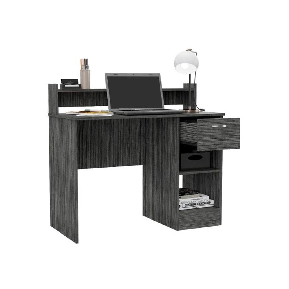 Charlotte Computer Desk with Open Shelf, 2 Storage Shelves & Built-in Drawer - Smokey Oak Finish Home Office Desk for Small Spaces, Work from Home & Study
