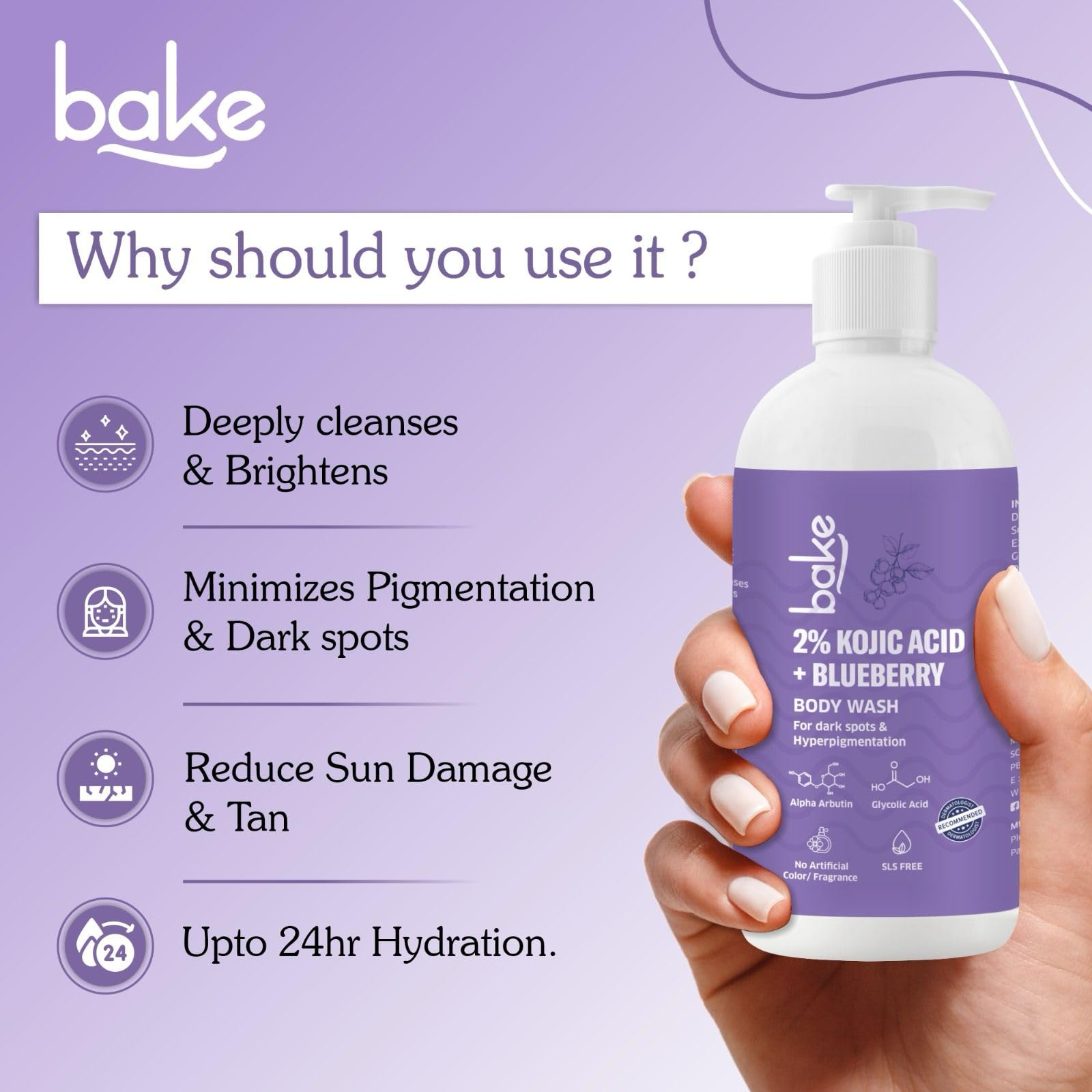 BAKE 2% Kojic Acid Brightening Body Wash with Glycolic Acid & Alpha Arbutin - Skin Lightening & Tan Removal for Dark Knees, Elbows & Pigmentation | Fades Dark Spots & Sun Damage | 250ml | Perfect for Post-Sun Care & Evening Skin Tone