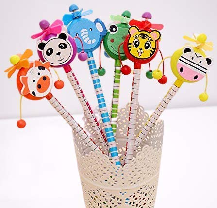 KINGSMAN STORE 6-Pack Wooden Cartoon Animal Pencils with Rattle - Fun Educational Writing Tools for Kids - Colorful 8.5 Inch Pencils for School, Drawing & Playtime