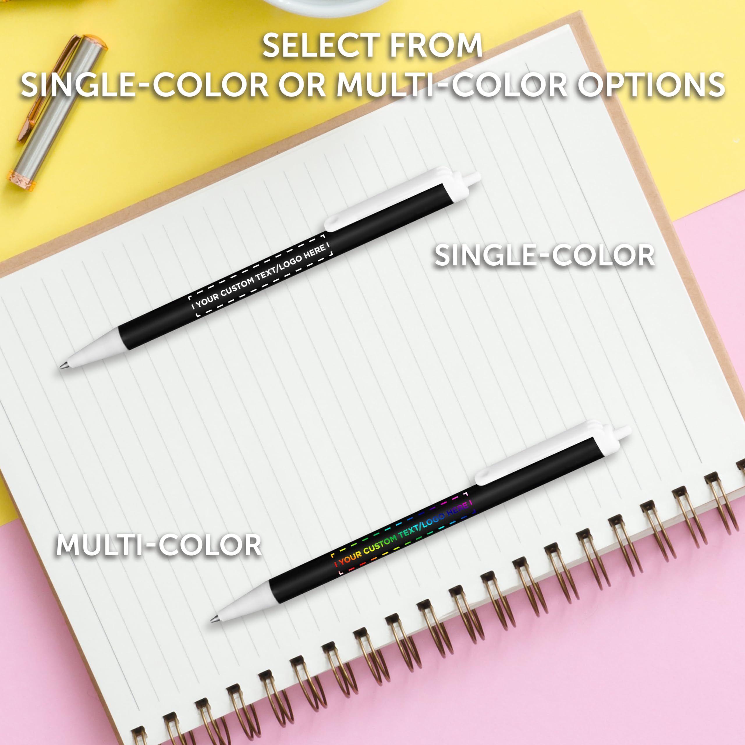 50 Pack Retractable Pens with Custom Text & Logo - Slim Barrel Black Ink Pens for Office, School, Business Promotions - Bulk Promotional Pens for Corporate Gifts, Events & Branding
