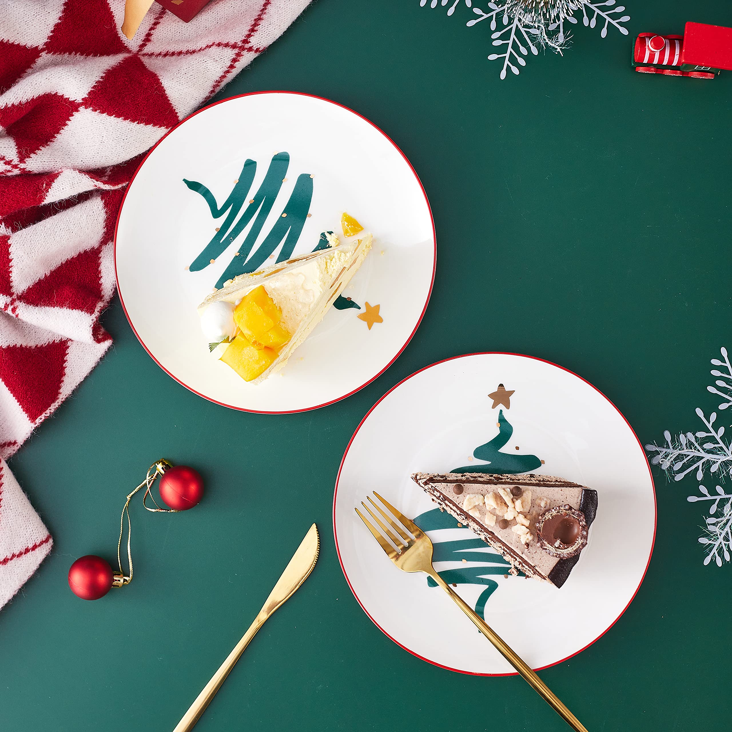 Premium Christmas Bone China Dessert Plates Set of 4 - 8 Inch Elegant Salad Plates, Oven & Dishwasher Safe - Holiday Tree Design for Festive Dining, Party Serving & Special Occasions