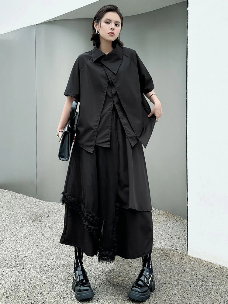 Oversized Black Asymmetrical Mesh Pantsuit Set - Fashionable Lapel Short Sleeve Two Piece Outfit for Women | Spring Summer 2025 Trendy Streetwear | Perfect for Casual Wear, Night Out & Fashion Events