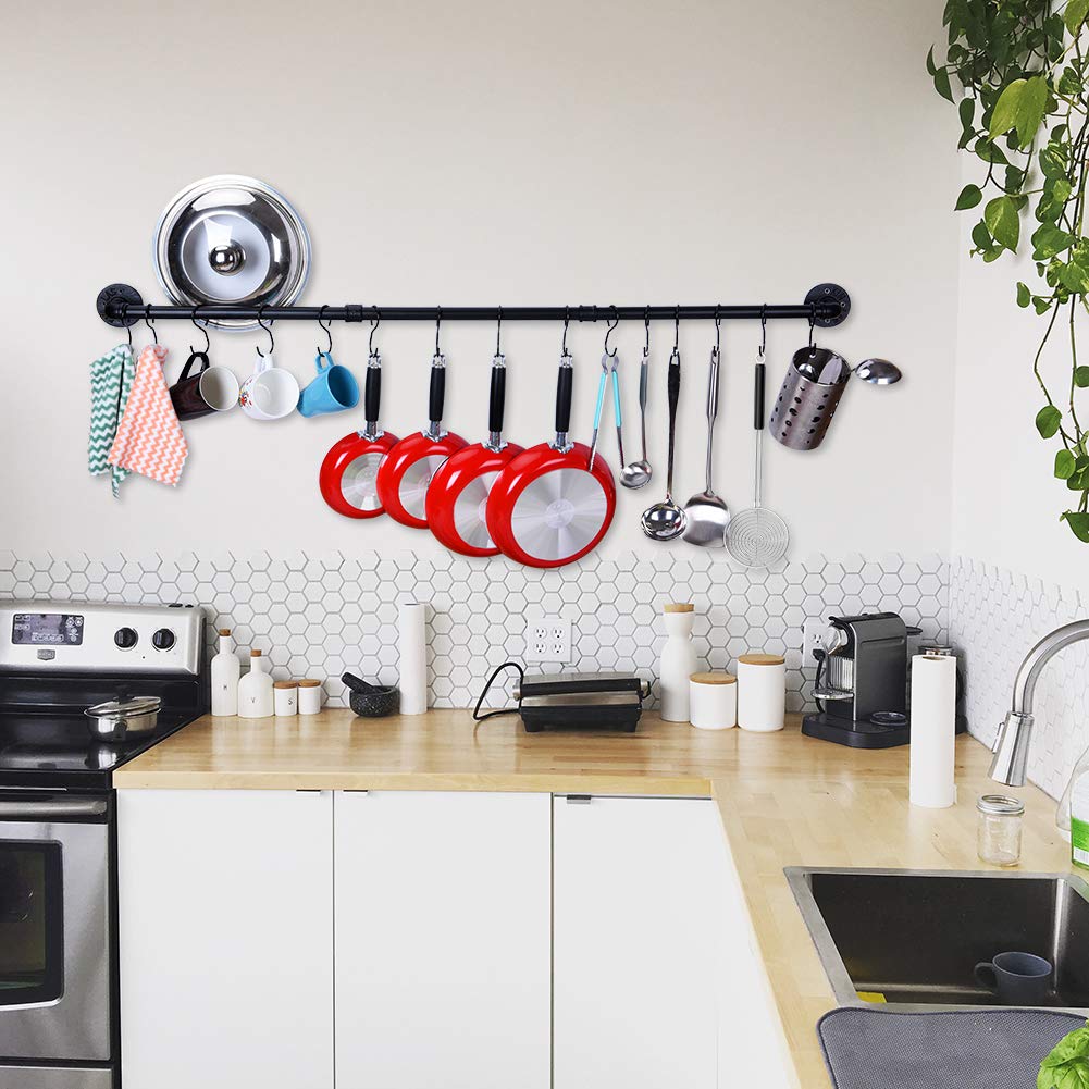 50.4 Inch Wall Mounted Pot Rack with 15 S Hooks - Industrial Kitchen Pot and Pan Hanging Rail Organizer, Black - Perfect for Small Kitchens, RV Cooking & Space-Saving Storage