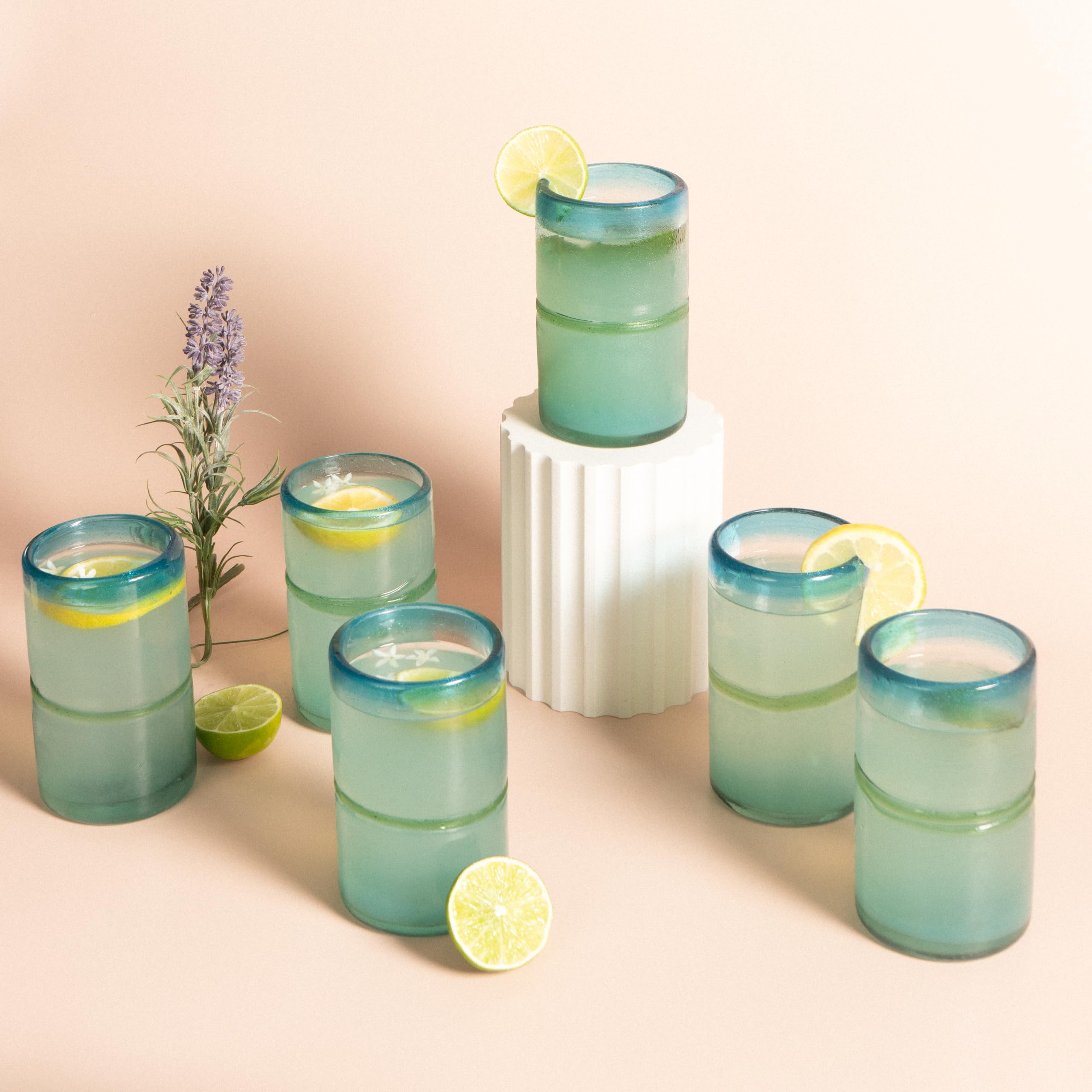 Hand Blown Mexican Drinking Glasses Set of 6 - 16oz Large Thick Glassware with Aqua Rim - Traditional Artisan Design - Perfect for Margaritas, Cocktails, and Party Drinks - Durable Handmade Glass Cups for Home Bar, Restaurants, and Outdoor Entertaining