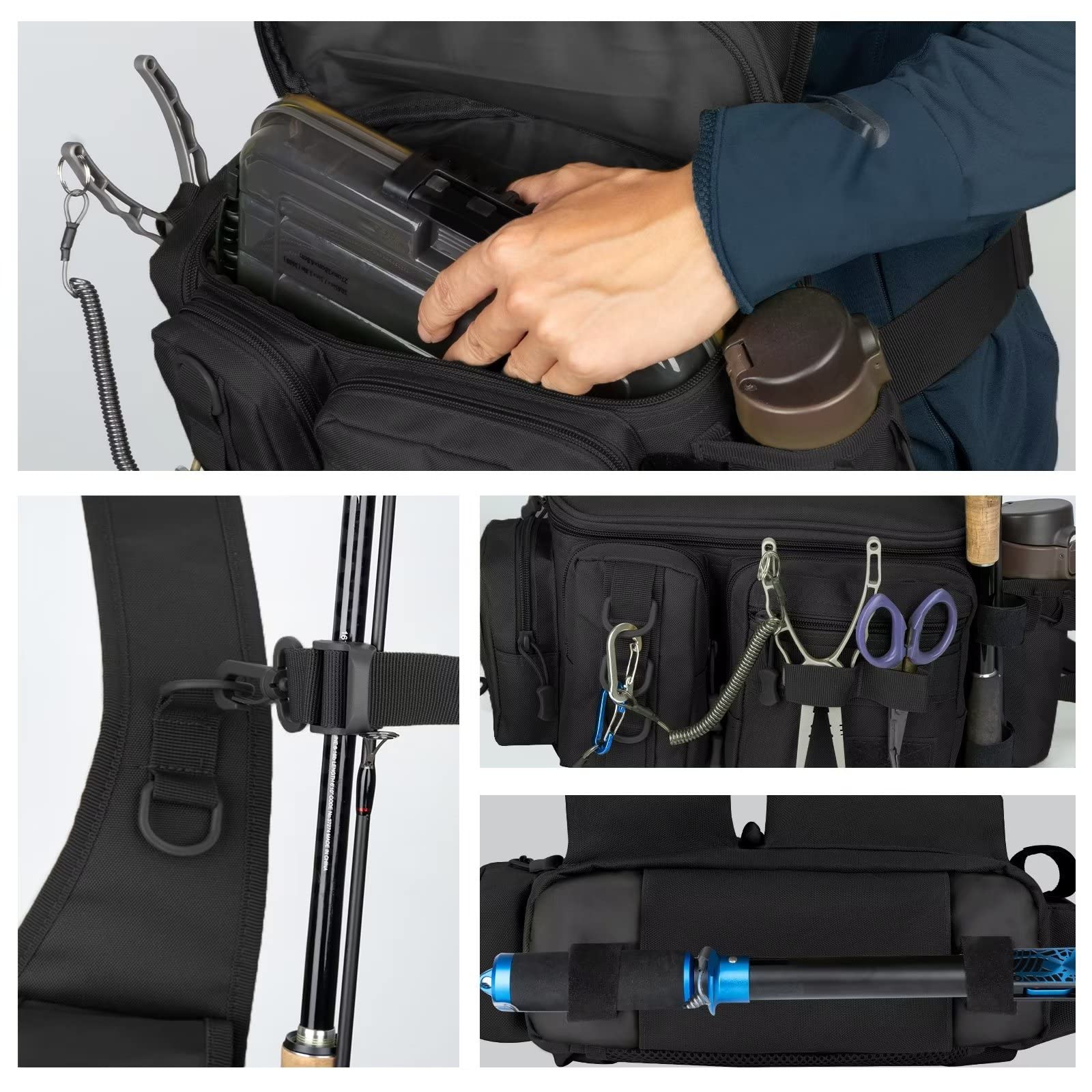 THKFISH Fishing Tackle Bag - Waterproof Fly Fishing Sling Pack with D-Rings & Adjustable Waist Strap - Portable Waist Pack for Fly Fishing, Bass Fishing & Outdoor Adventures (Black)