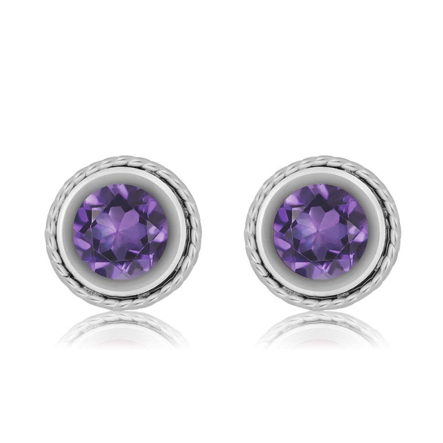 Gem Stone King 925 Sterling Silver Round Purple Amethyst Bezel Stud Earrings for Women & Men (1.50 CTTW, 6MM) - February Birthstone Jewelry, Gift for Anniversary, Valentine's Day & Special Occasions