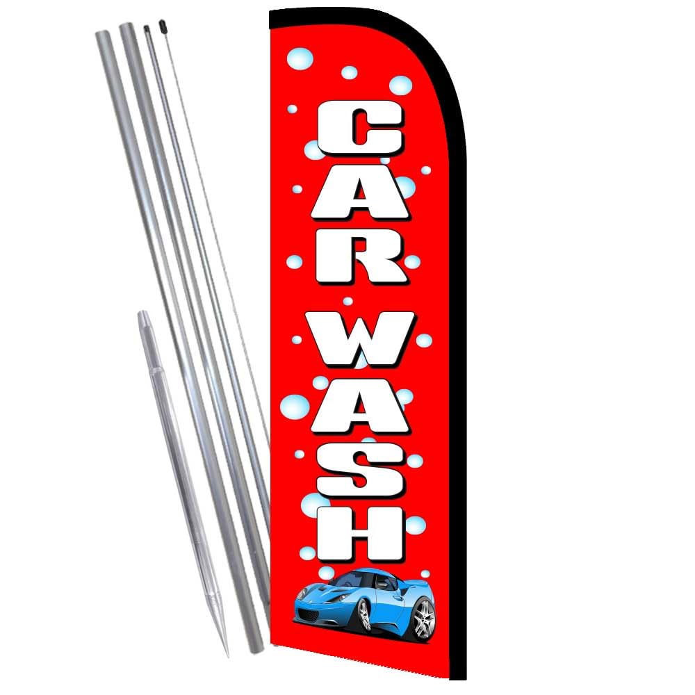 Vista Flags CAR WASH (Red/Bubbles) Windless Feather Banner Flag Kit with Pole & Ground Mount - Perfect for Car Wash Businesses, Grand Openings, and Promotional Events