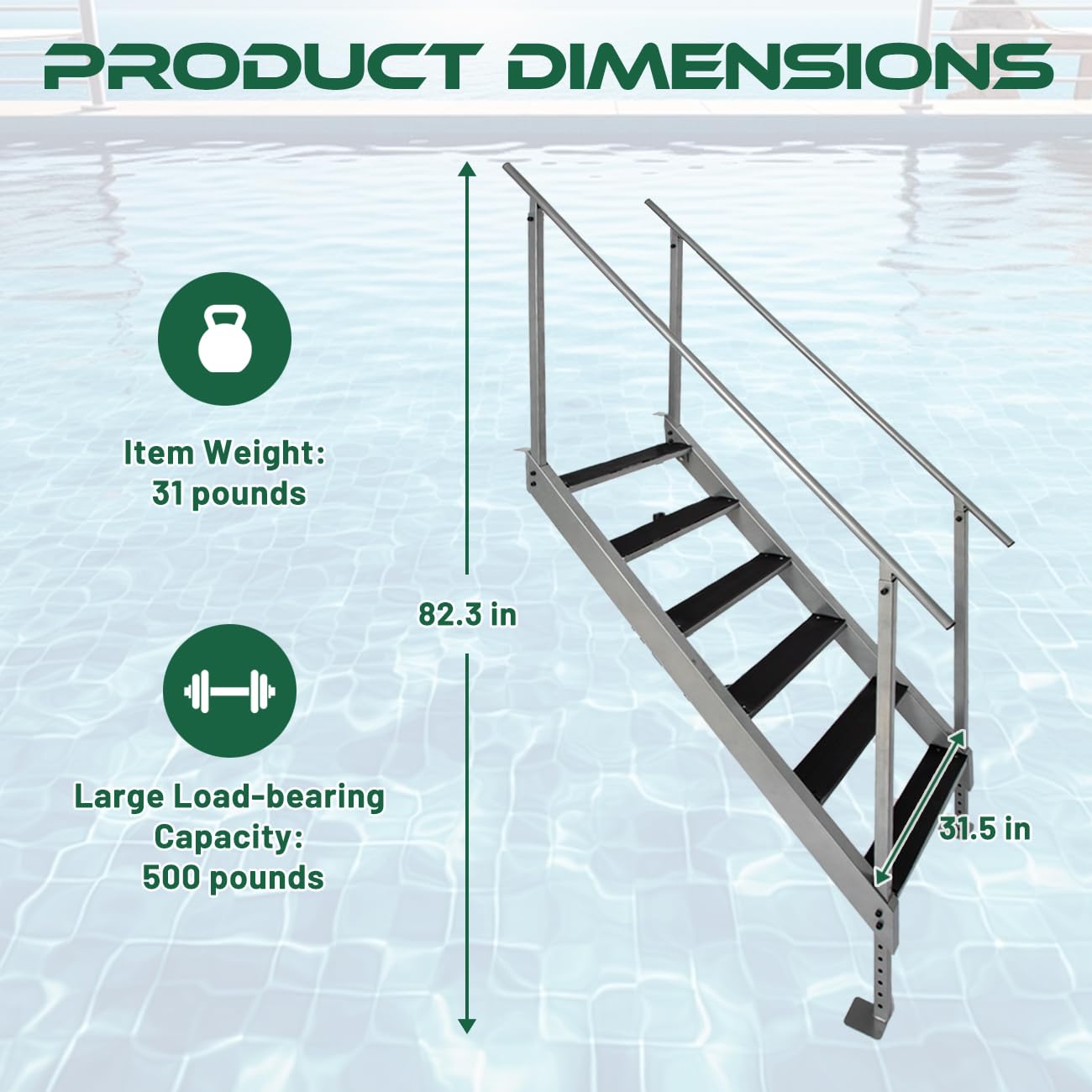 Biosp Adjustable Height 6-Step Dock Ladder with 2 Handrails, Heavy Duty 500LB Steel Pool Stairs with Non-Slip Rubber Pedals for Boat Dock, Inground Pool, Lake Swimming, RV Access & Home Use
