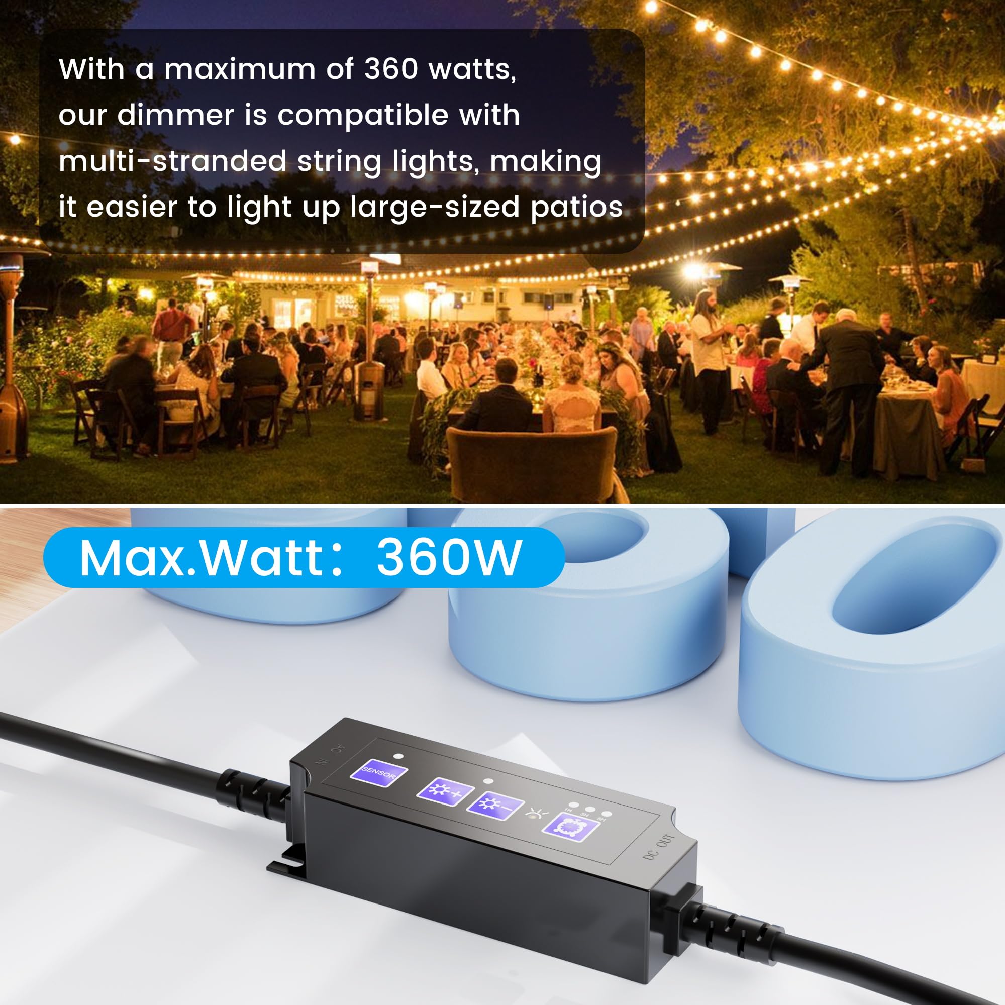 OHLUX 360W Outdoor Smart Dimmer Plug for String Lights - Dusk to Dawn Timer, Weatherproof Patio Light Dimmer Switch with Memory Function | Perfect for Backyard, Garden, Deck & Outdoor Party Lighting