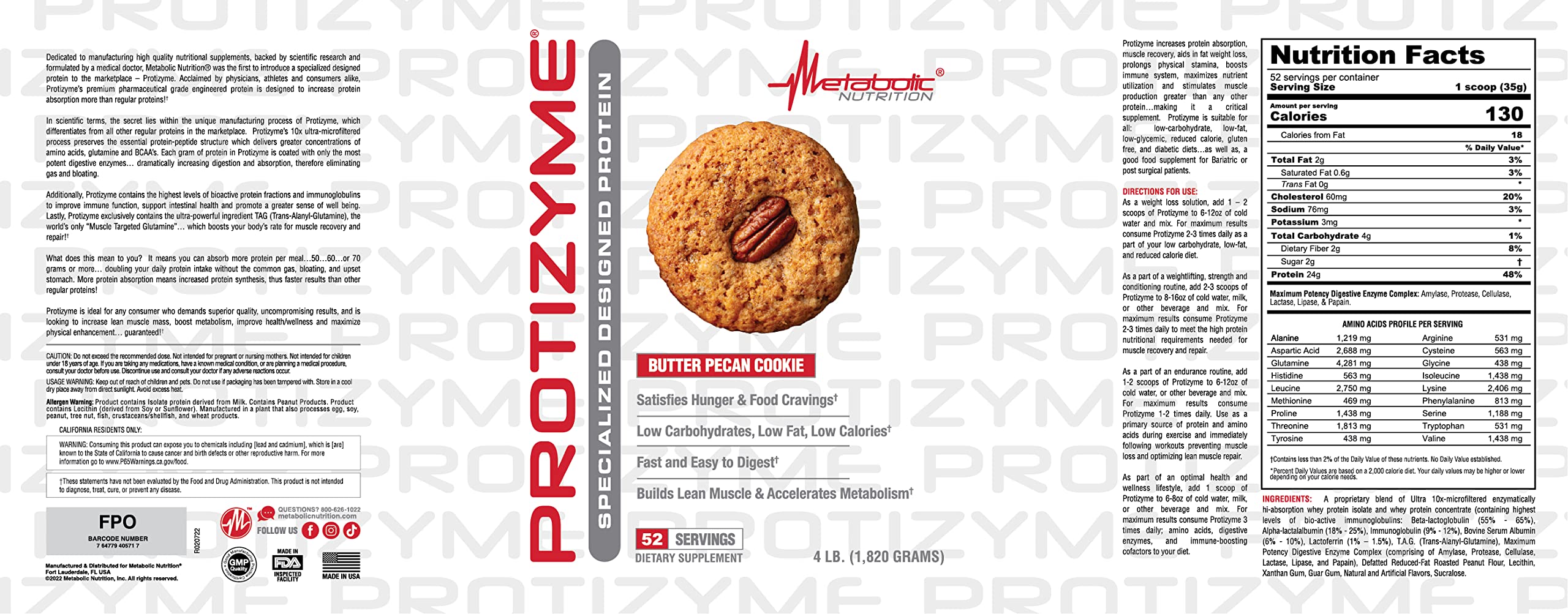 Metabolic Nutrition Protizyme 100% Whey Protein Powder - High Protein, Low Carb & Fat with Digestive Enzymes & 24 Vitamins/Minerals - 4lb (52 Servings) for Muscle Recovery & Post-Workout Nutrition