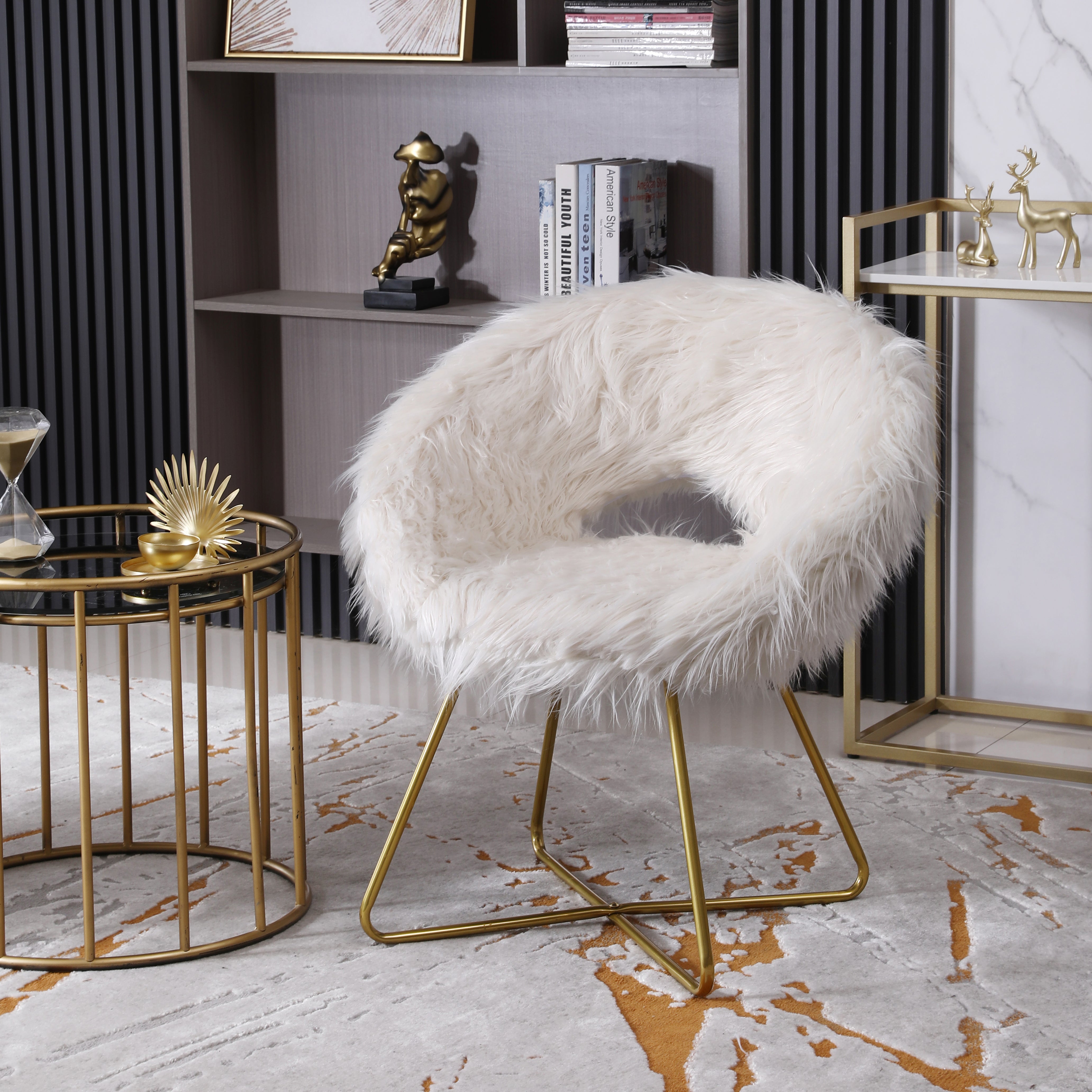 Slatina Faux Fur Upholstered Accent Chair by Roundhill Furniture - White Modern Lounge Chair for Living Room, Bedroom & Office Decor