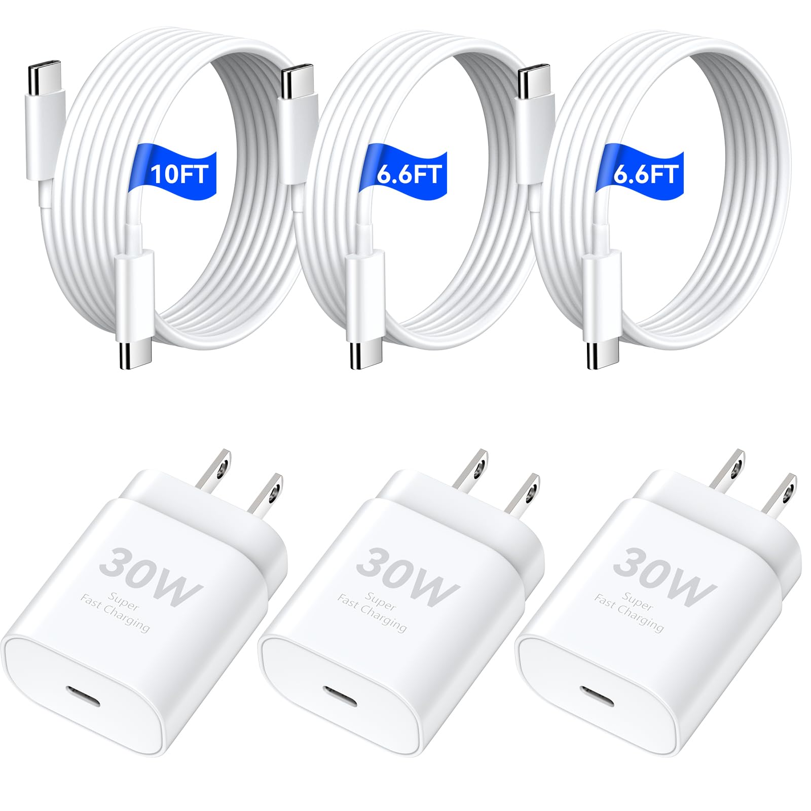 30W USB C Fast Charger for iPhone 16/15 Pro Max - 3 Pack with 6.6ft & 10ft Long Cables | Quick Charging Block Compatible with iPhone 16 Series & 15 Pro Models | Perfect for Home, Office & Travel Charging