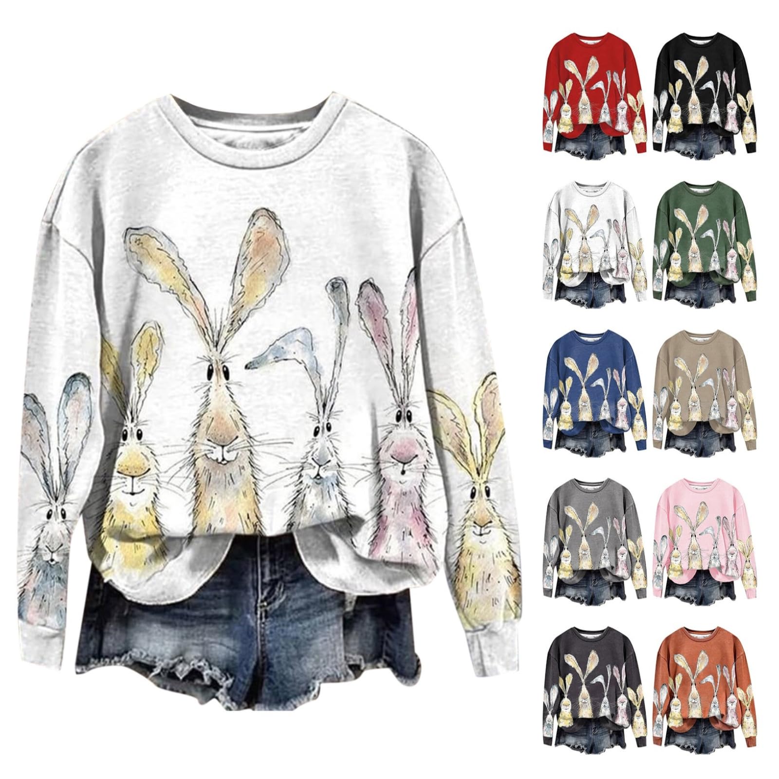 Easter Bunny Graphic Long Sleeve Sweatshirt for Women 2024 - Cute Rabbit Crewneck Casual Blouse Tunic Top - Perfect for Spring Outfits, Easter Celebrations & Casual Wear