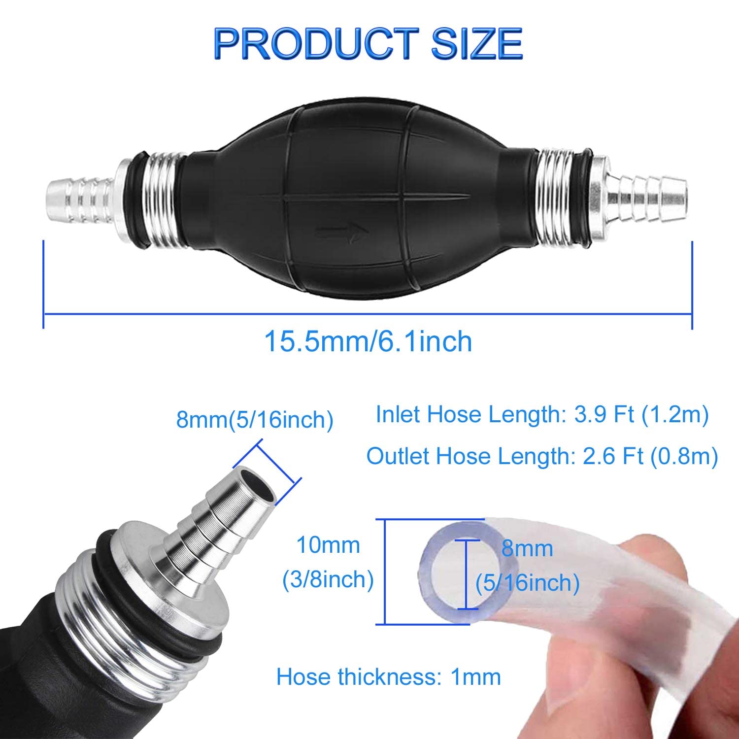 JONMON Gasoline Siphon Hose Pump - Portable Hand Fuel Transfer Pump with 2M PVC Hose & Metal Buckles - High Flow Manual Rubber Squeeze Bulb for Petrol, Diesel, Oil, Water - Ideal for Cars, Boats, Lawn Mowers & Emergency Fuel Transfer
