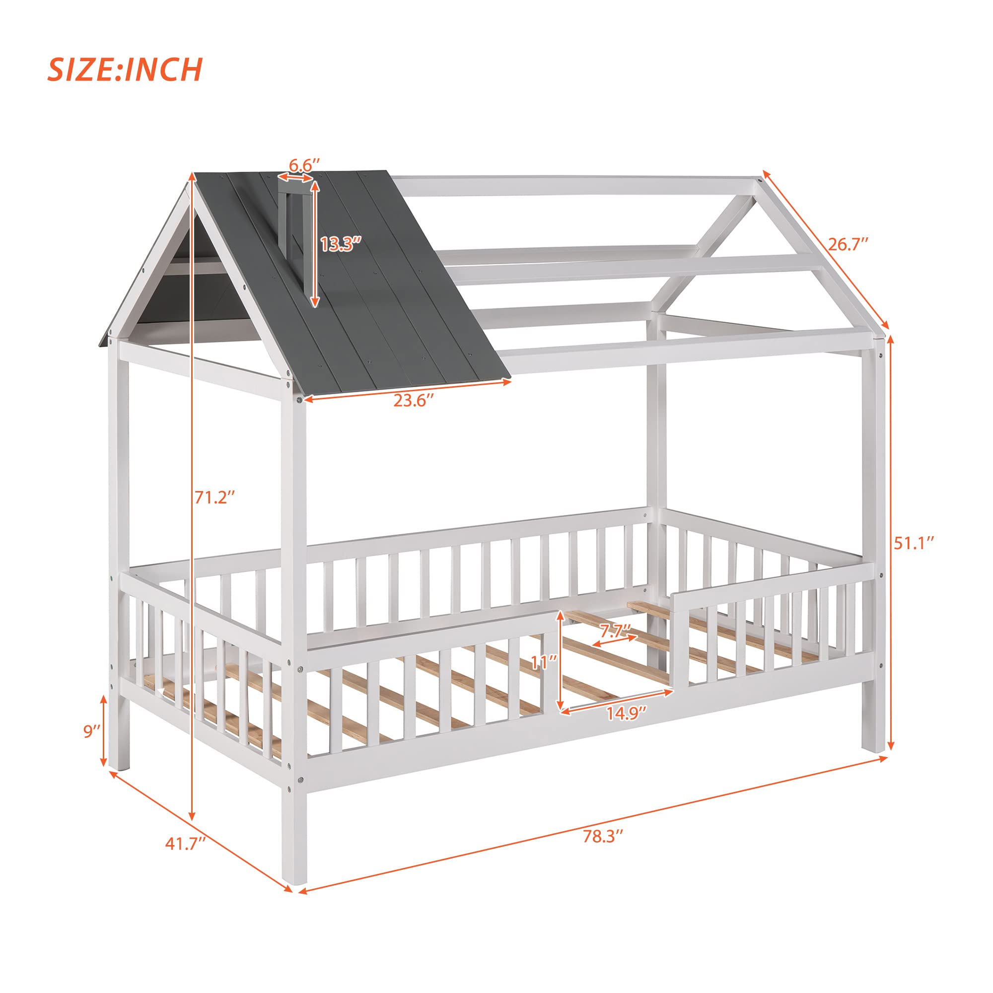 Bellemave Twin House Bed for Kids - Montessori Playhouse Bed Tent with Solid Wood Frame, Safety Fence & Roof - Perfect for Boys & Girls Bedroom (White+Gray) | Ideal for Playtime, Naptime & Imaginative Play
