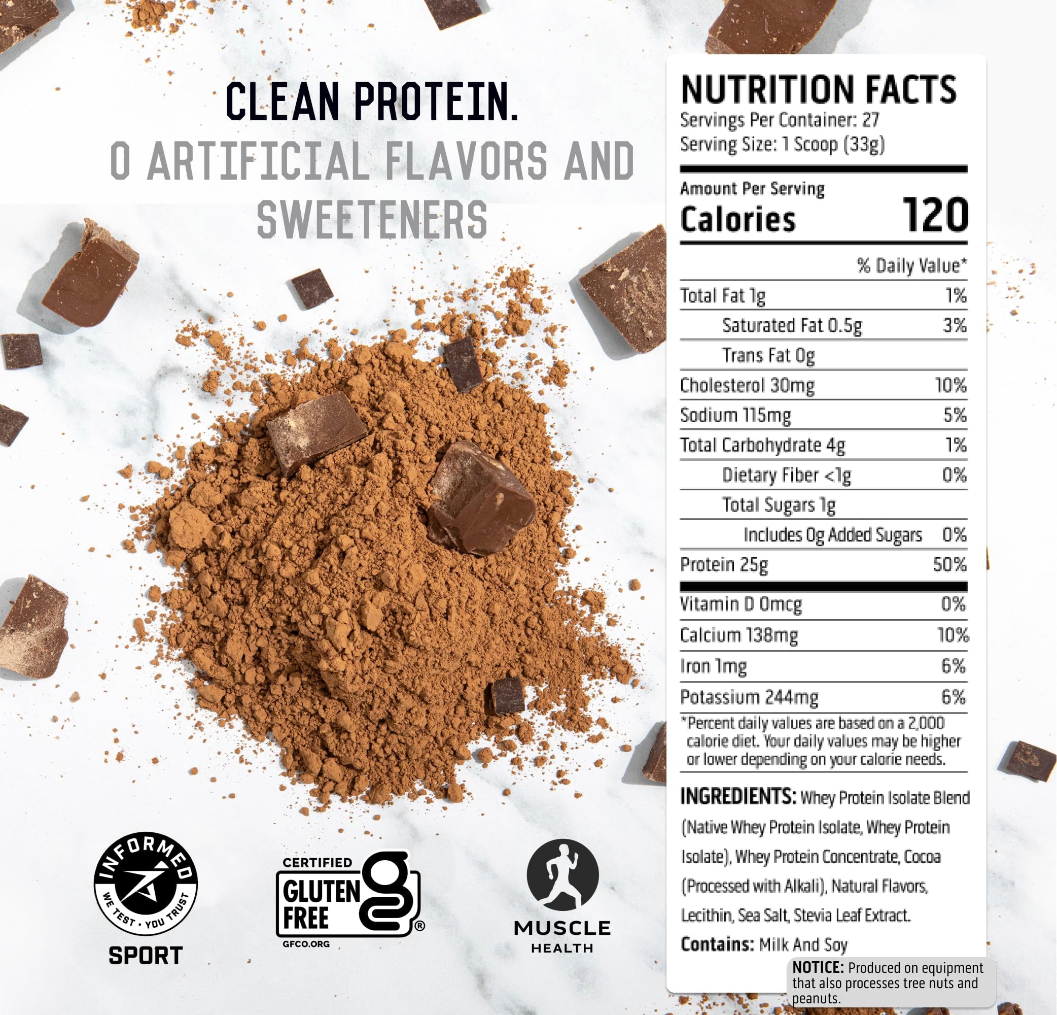Ascent 100% Whey Protein Powder - Post Workout Whey Protein Isolate for Muscle Recovery, Zero Artificial Flavors & Sweeteners, Gluten Free, 5.5g BCAA, 2.6g Leucine, Essential Amino Acids, Chocolate Flavor 2 lb - Ideal for Gym, Fitness & Weight Loss