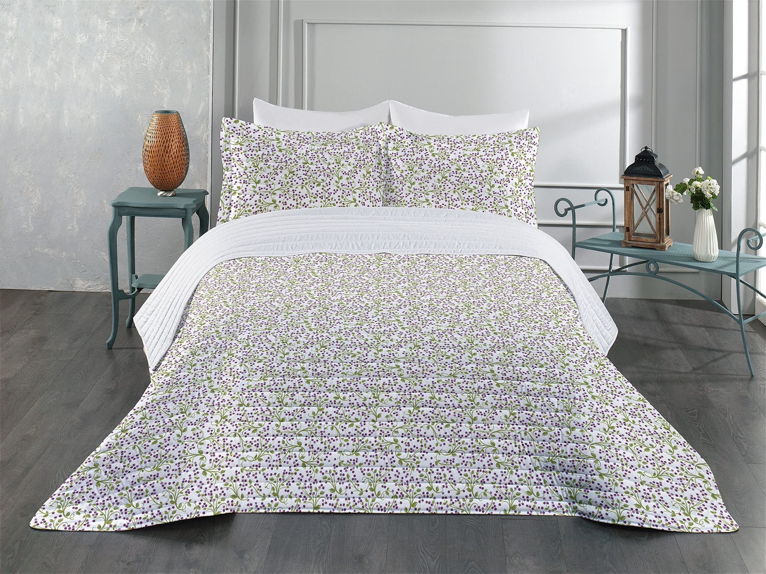Ambesonne Floral Microfiber Bedspread Set - Queen Size Purple Green White | Soft Botanical Bedding with Pillow Shams & Comforter | Perfect for Master Bedroom, Guest Room & Dorm Decor