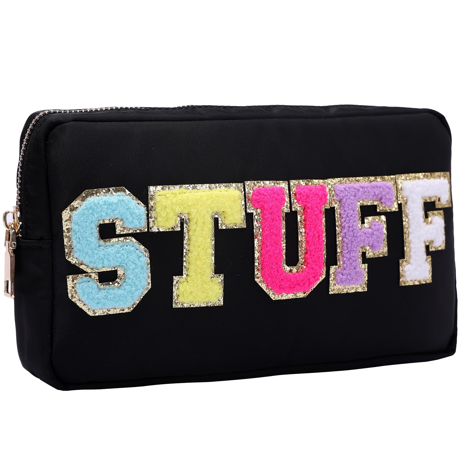 Opnseqia Preppy Patch Makeup Bag with Glitter Letters - Waterproof Nylon Travel Cosmetic Pouch for Women & Girls (Black, Medium Size) - Perfect for Gym, Travel, and Daily Essentials Storage