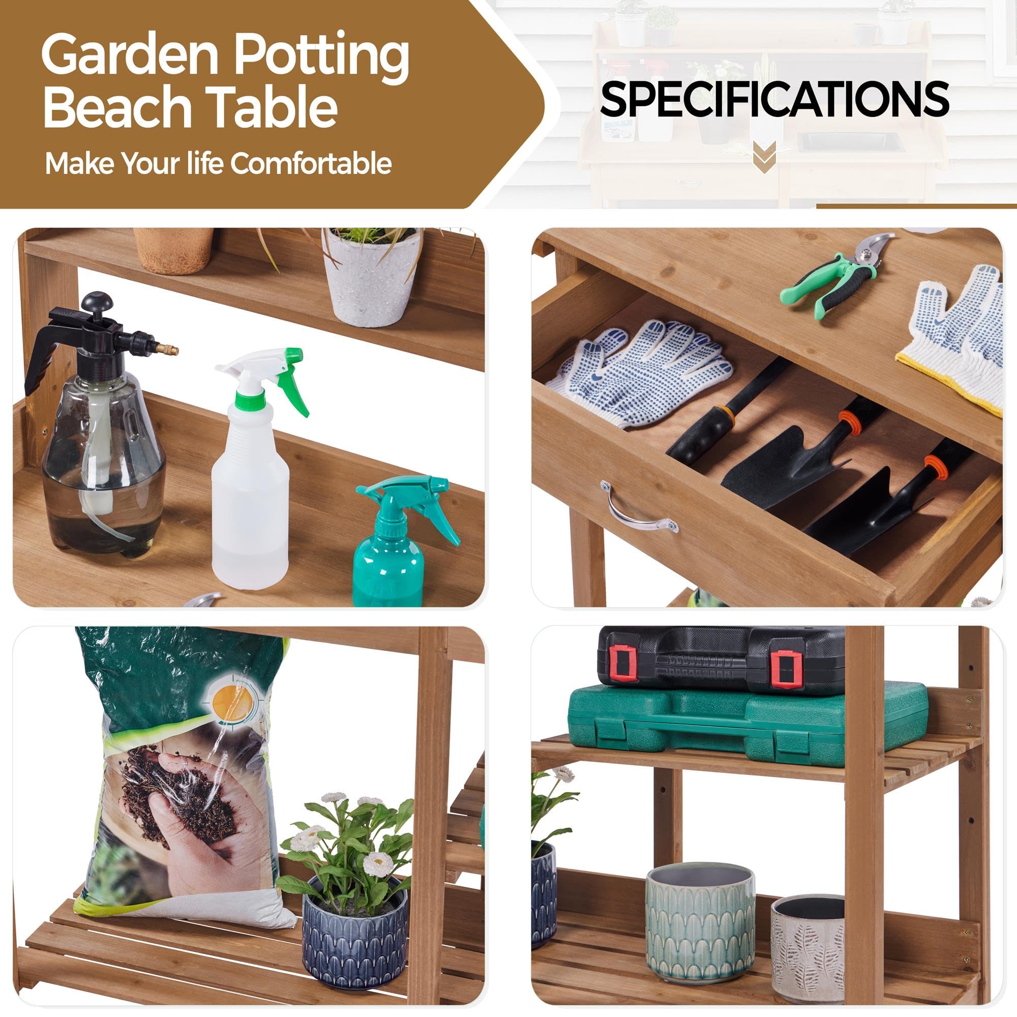 Yaheetech Outdoor Potting Bench with Sink, Drawer & Shelves - Solid Wood Garden Work Station for Planting, Horticulture & Gardening - Perfect for Backyard, Patio & Greenhouse Use