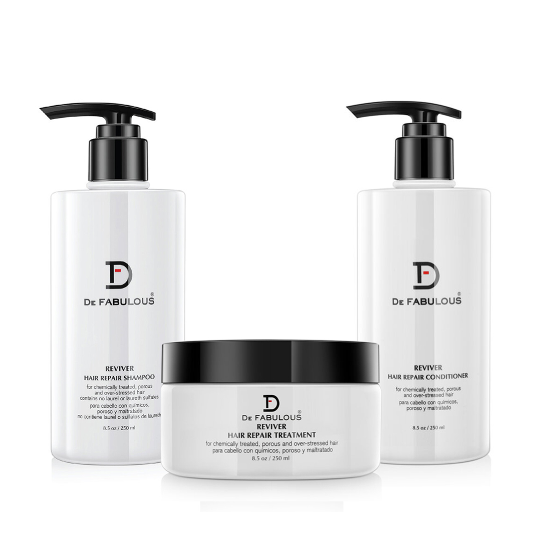 DE FABULOUS | Hair Reviver Shampoo, Conditioner & Treatment Set for Damaged Hair - Salon Quality Hair Care Kit for Dry, Frizzy & Color-Treated Hair - Perfect for Home & Professional Use