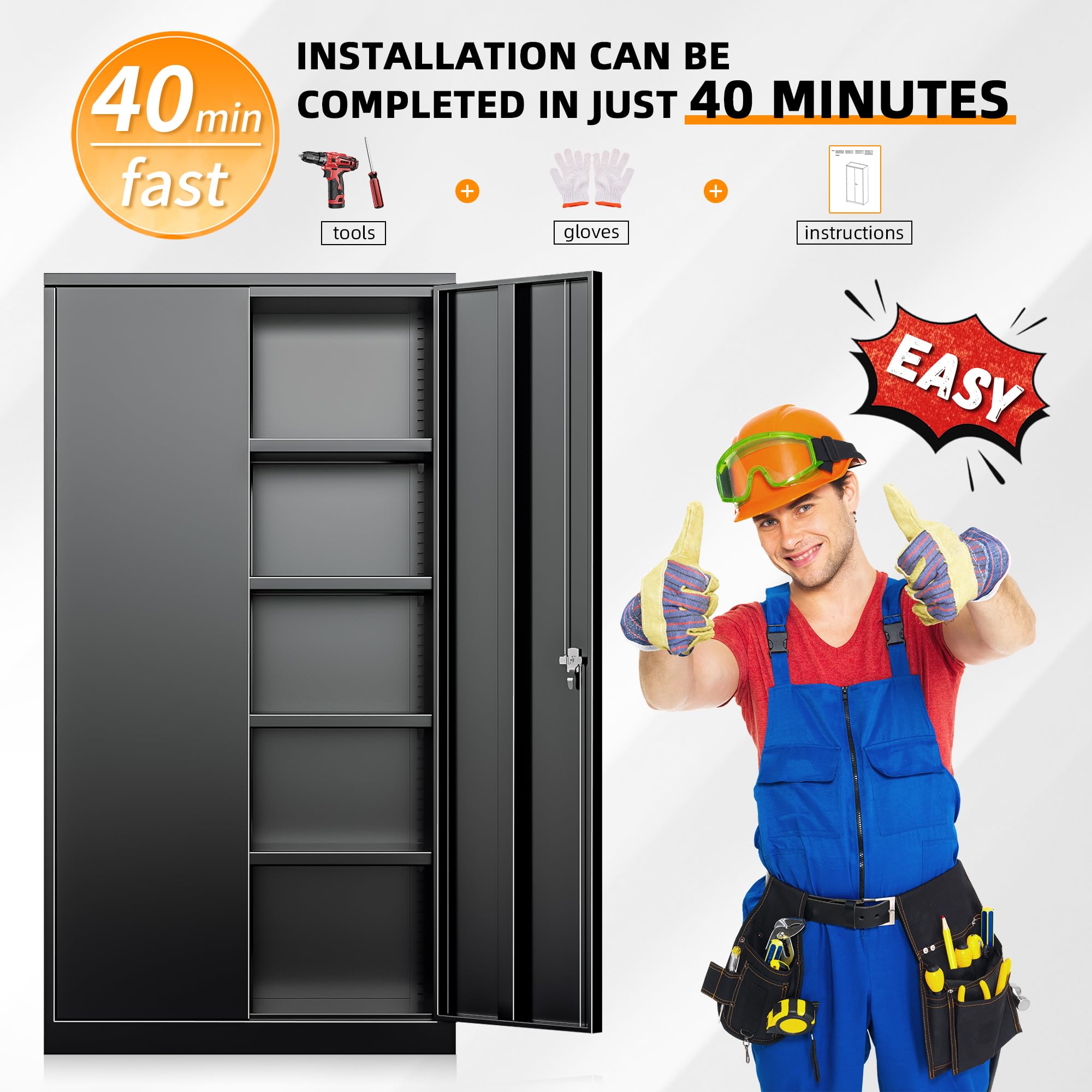 INTERGREAT Metal Storage Cabinet with Lock - Black Steel Garage & Home Office Cabinet with Doors & Shelves - Secure Supply Storage for Warehouse, Garage, Office & Workshop Organization
