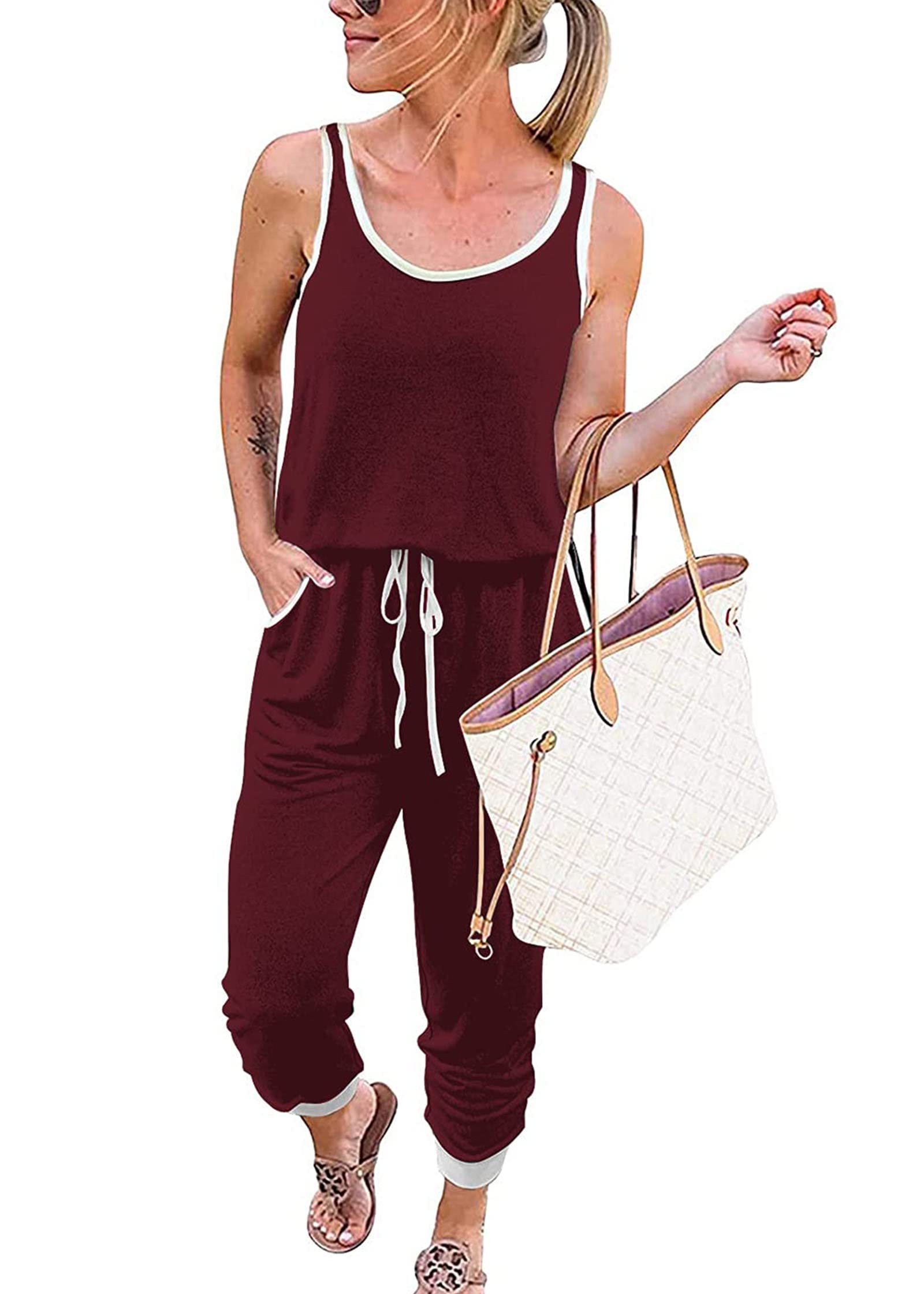 KIRUNDO 2023 Women's Summer Jumpsuit - Sleeveless Casual Romper with Drawstring Elastic Waist & Pockets | Perfect for Beach Vacation, Outdoor Activities & Lounge Wear