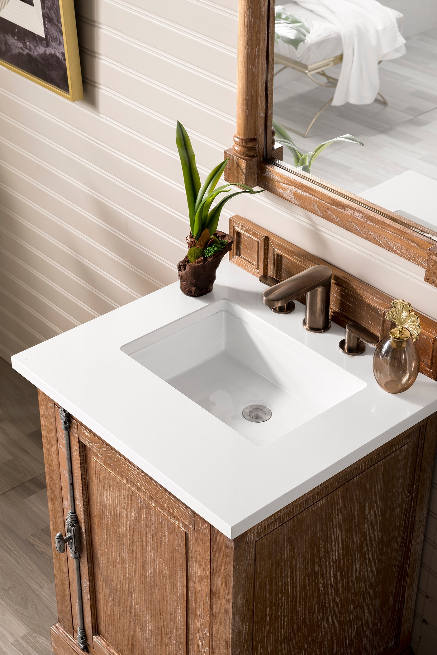Providence 26 Inch Single Bathroom Vanity Cabinet in Driftwood Finish with 3CM White Zeus Quartz Countertop - Perfect for Modern Bathroom Remodeling & Small Space Solutions