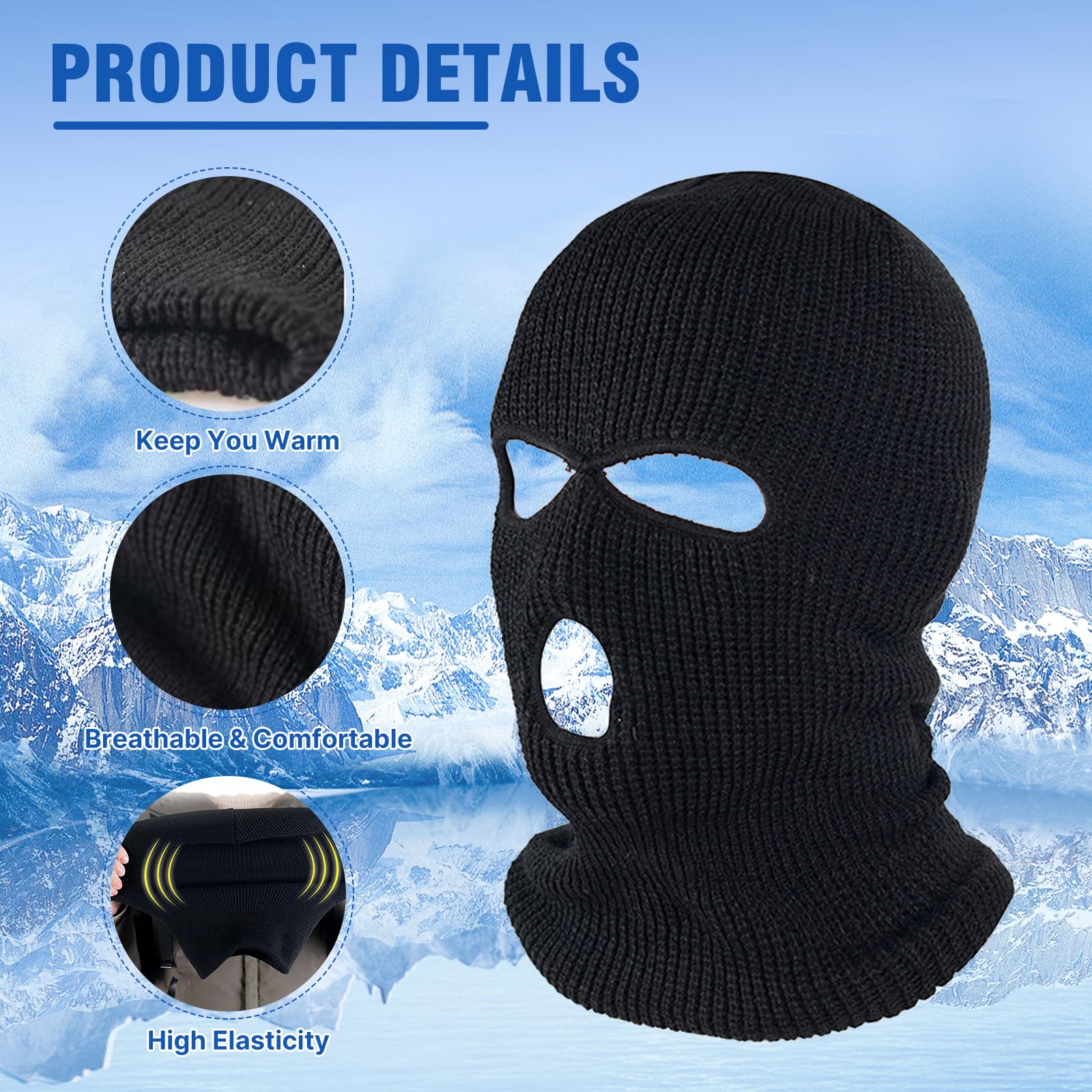 3 Hole Winter Knitted Ski Mask - Warm Full Face Cover Balaclava for Adults | Cold Weather Outdoor Sports, Skiing, Snowboarding & Motorcycle Riding
