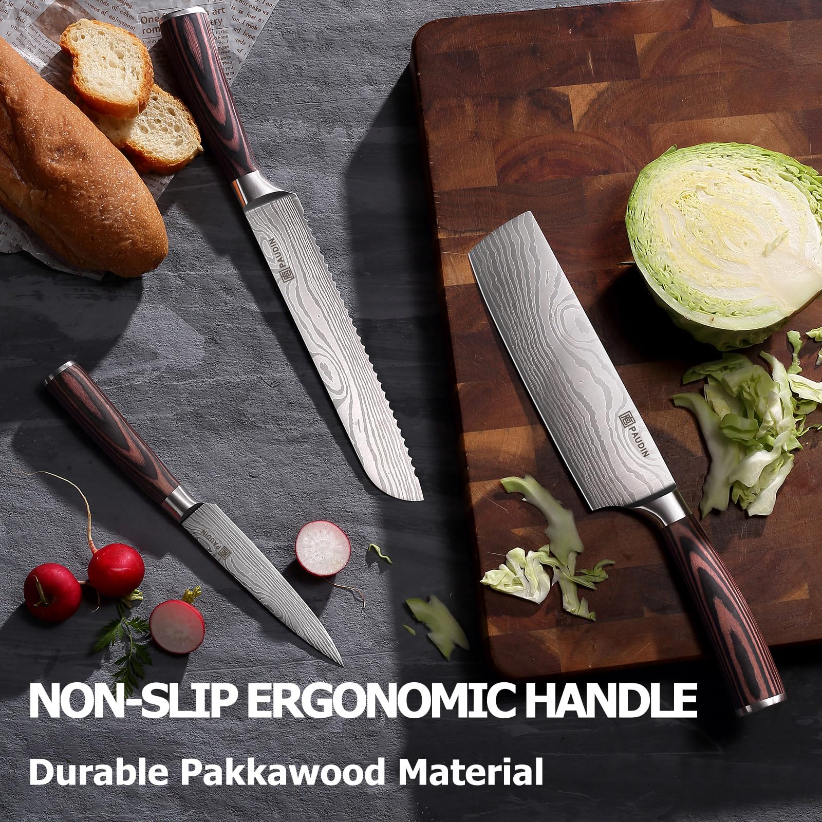 PAUDIN 7-Piece Professional Chef Knife Set - High Carbon Stainless Steel Ultra Sharp Kitchen Knives with Pakkawood Handle - Perfect for Home Cooking, Restaurant Use & Food Preparation
