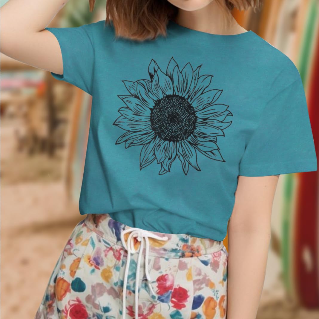 Women's Summer Sunflower Graphic T-Shirt - Cute Floral Loose Fit Crew Neck Short Sleeve Casual Top for Beach Outings & Summer Vacations