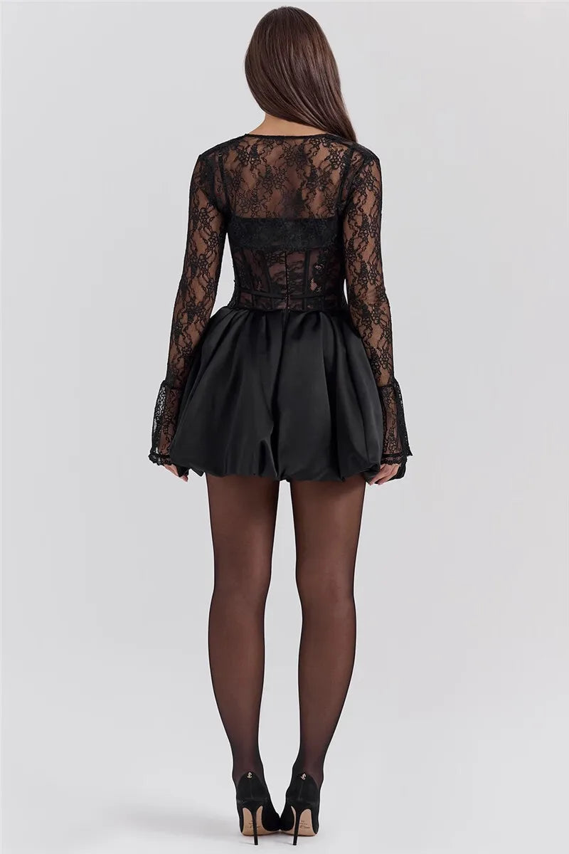 Sexy Black Lace Puffball Mini Dress for Women - Long Flare Sleeve Sheer Club Party Dress with Lace Up & High Waist | Perfect for Night Out, Date Night, and Special Occasions