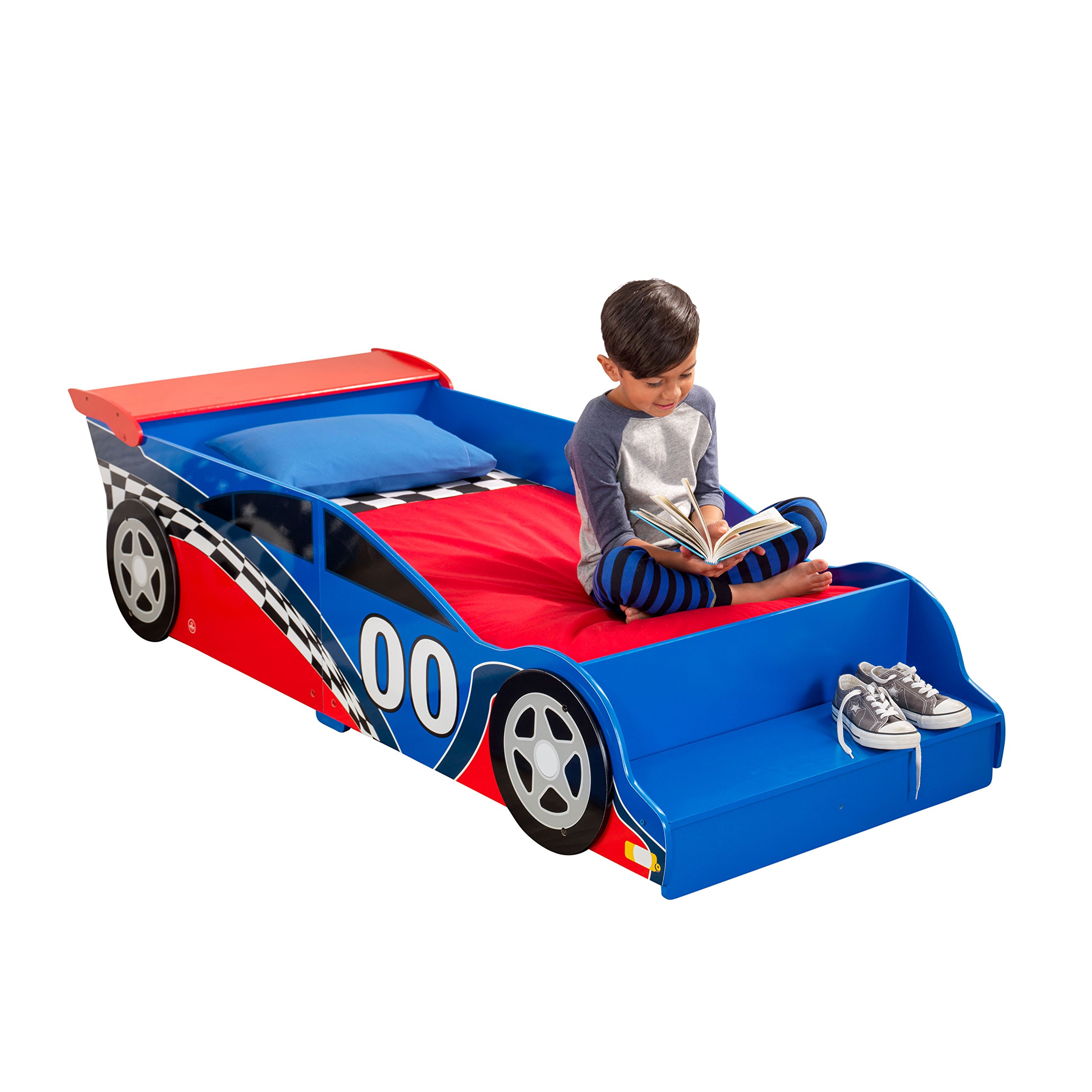 KidKraft Wooden Racecar Toddler Bed with Built-In Bench & Safety Rails - Red & Blue Toddler Bed for Boys Girls 15+ Months | Perfect for Kids Room, Nursery & Gift for Birthdays