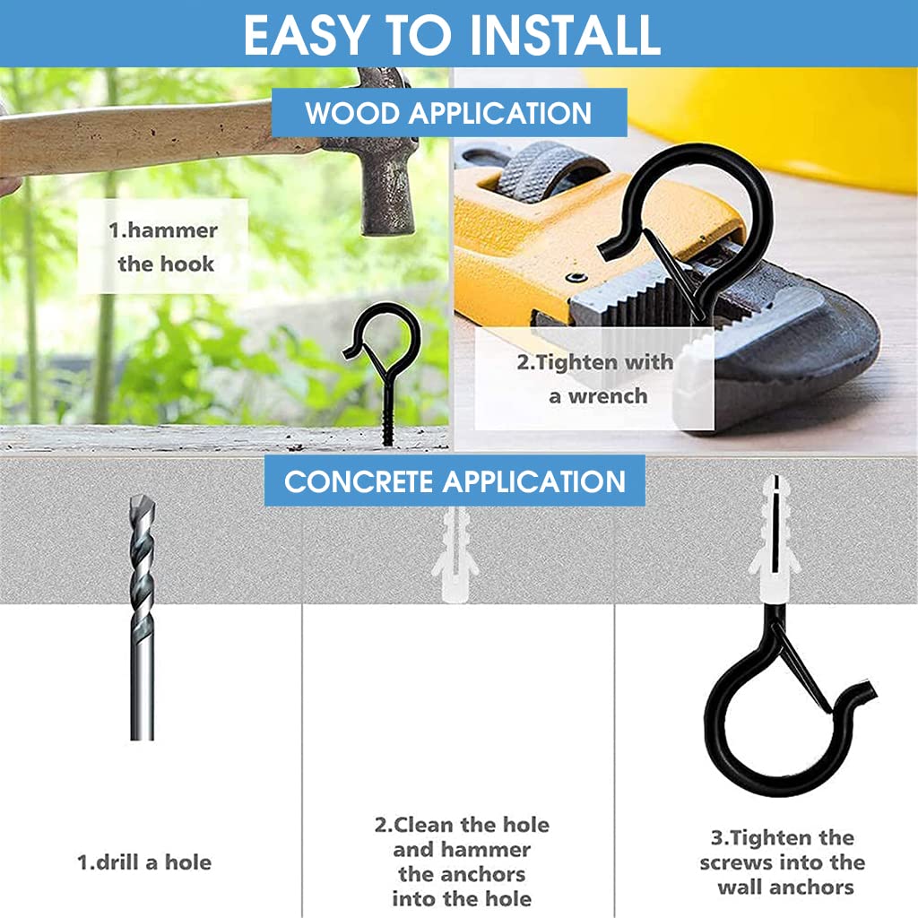 HASTHIP 20Pcs Black Plastic Screw-In Wall Hooks for Outdoor String Lights - Heavy Duty Ceiling Hooks with Safety Buckles for Hanging Plant Pots, Lanterns & Home Decor - Weatherproof Cup Hooks for Patio, Garden & Indoor Use