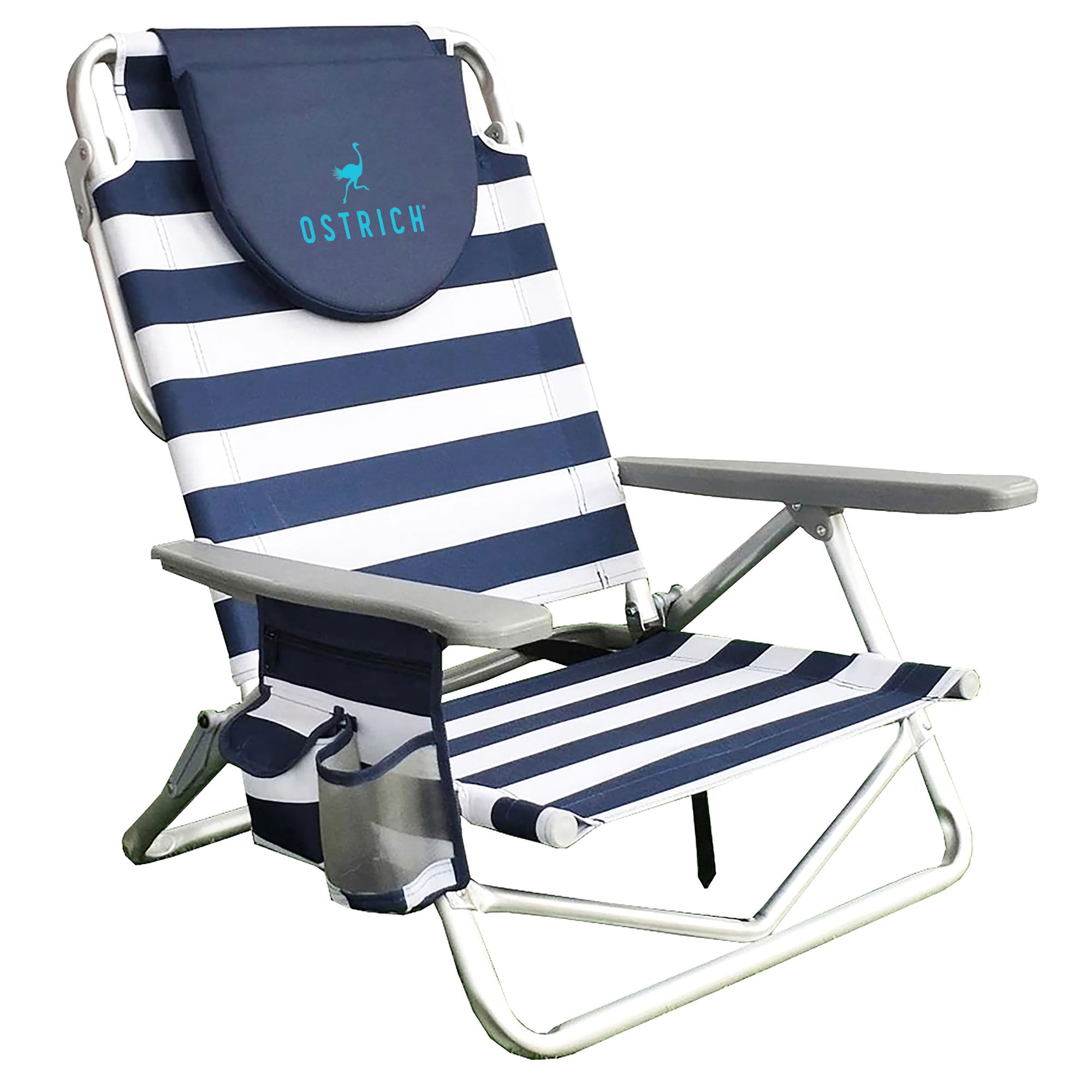Ostrich On-Your-Back Sand Chair - Portable Beach Recliner with Backpack Straps - Lightweight Outdoor Lounge Chair for Pool, Camping, Backyard & Picnics - Blue Stripe Design - Perfect for Beach Vacations, Tailgating & Outdoor Relaxation