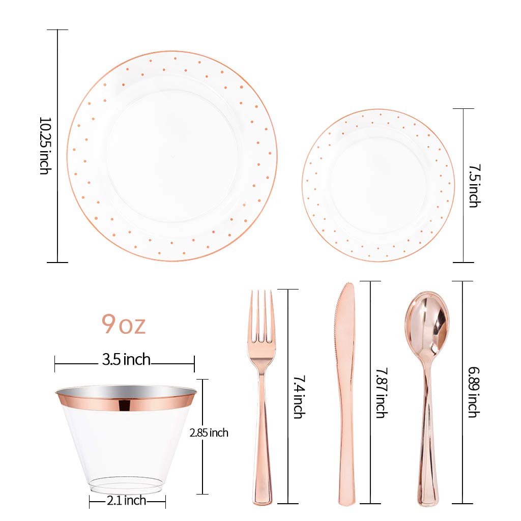 25-Piece Rose Gold Plastic Dinnerware Set - Disposable Plates, Silverware & 9oz Cups for Parties, Picnics, BBQs - Includes 25 Dinner Plates, Salad Plates, Forks, Knives, Spoons & Cups