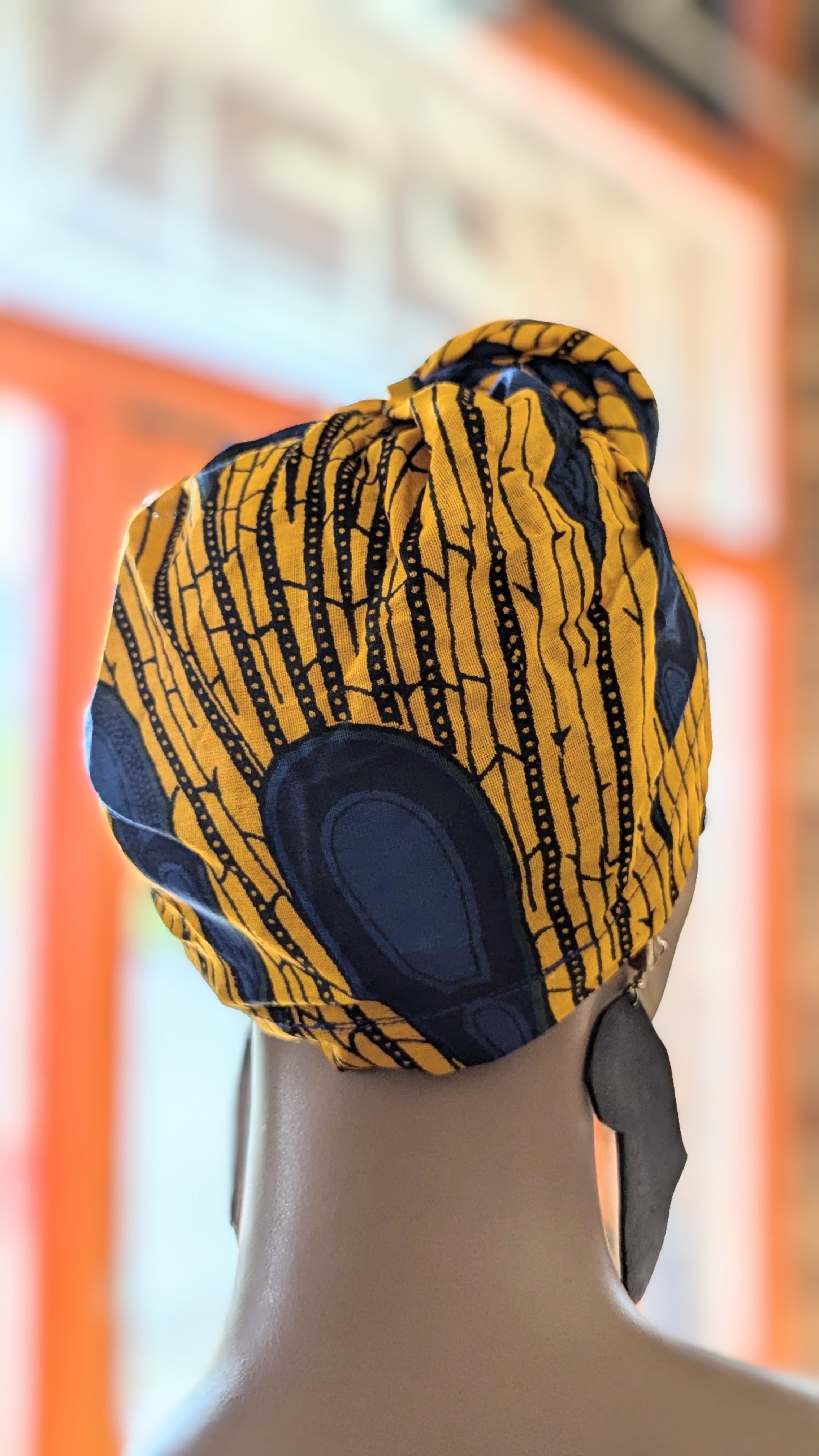 Adanna African Print Head Wrap - Orange & Blue Peacock Design, Pre-Tied Turban for Women (DP3816PT12) | Perfect for Church, Parties, and Everyday Fashion