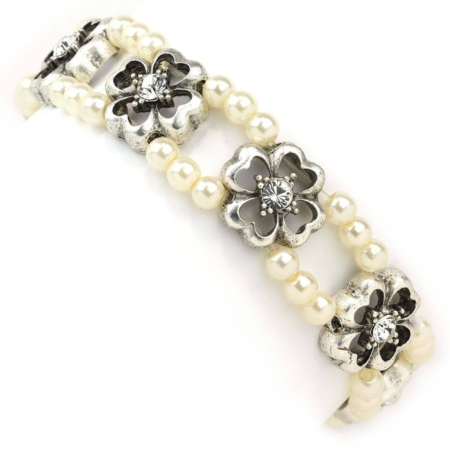 1928 Jewelry Four Leaf Clover Crystal White Faux Pearl Stretch Bracelet for Women - Elegant Lucky Charm Gift for Birthday, Anniversary & Everyday Wear