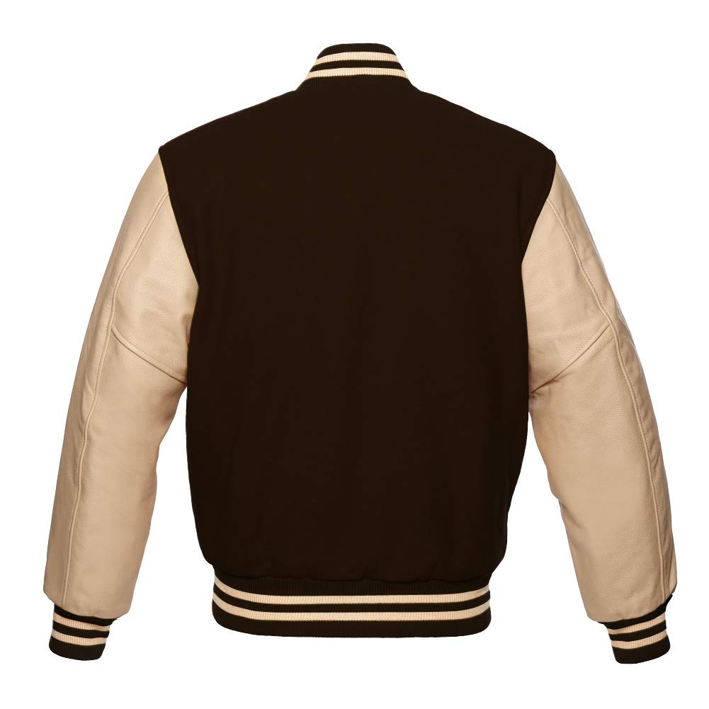 Varsity Baseball Letterman Jacket - Brown Wool Body & Genuine Cream Leather Sleeves - Zip-Up Bomber Style for School & College | Perfect for Sports Teams, Graduation Gifts & Casual Wear