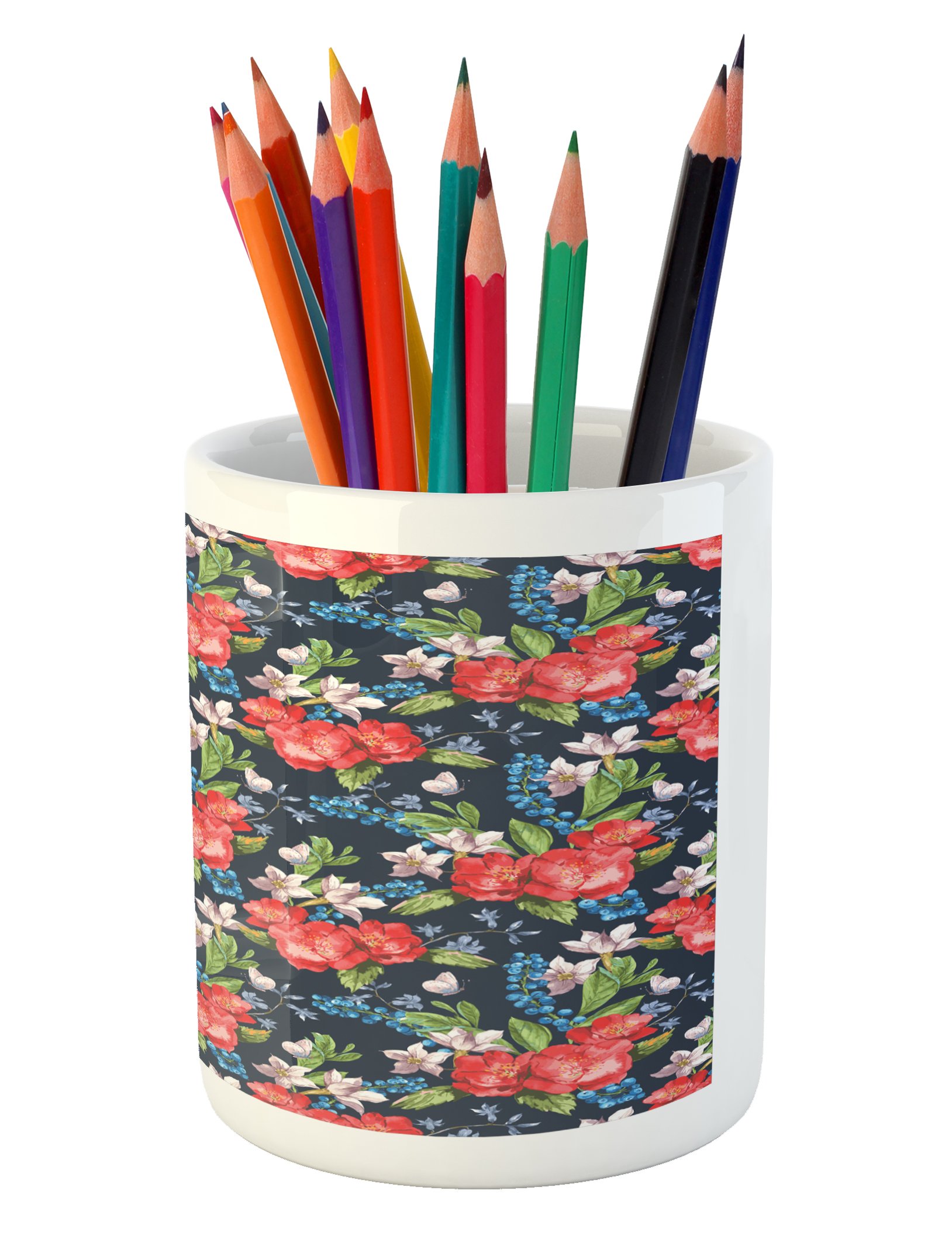 Ambesonne Floral Ceramic Pen Holder - Watercolor Bouquet with Blueberries, Green Leaves & Butterflies - Desk Organizer for Office, Home & School - Perfect for Pencils, Pens & Art Supplies